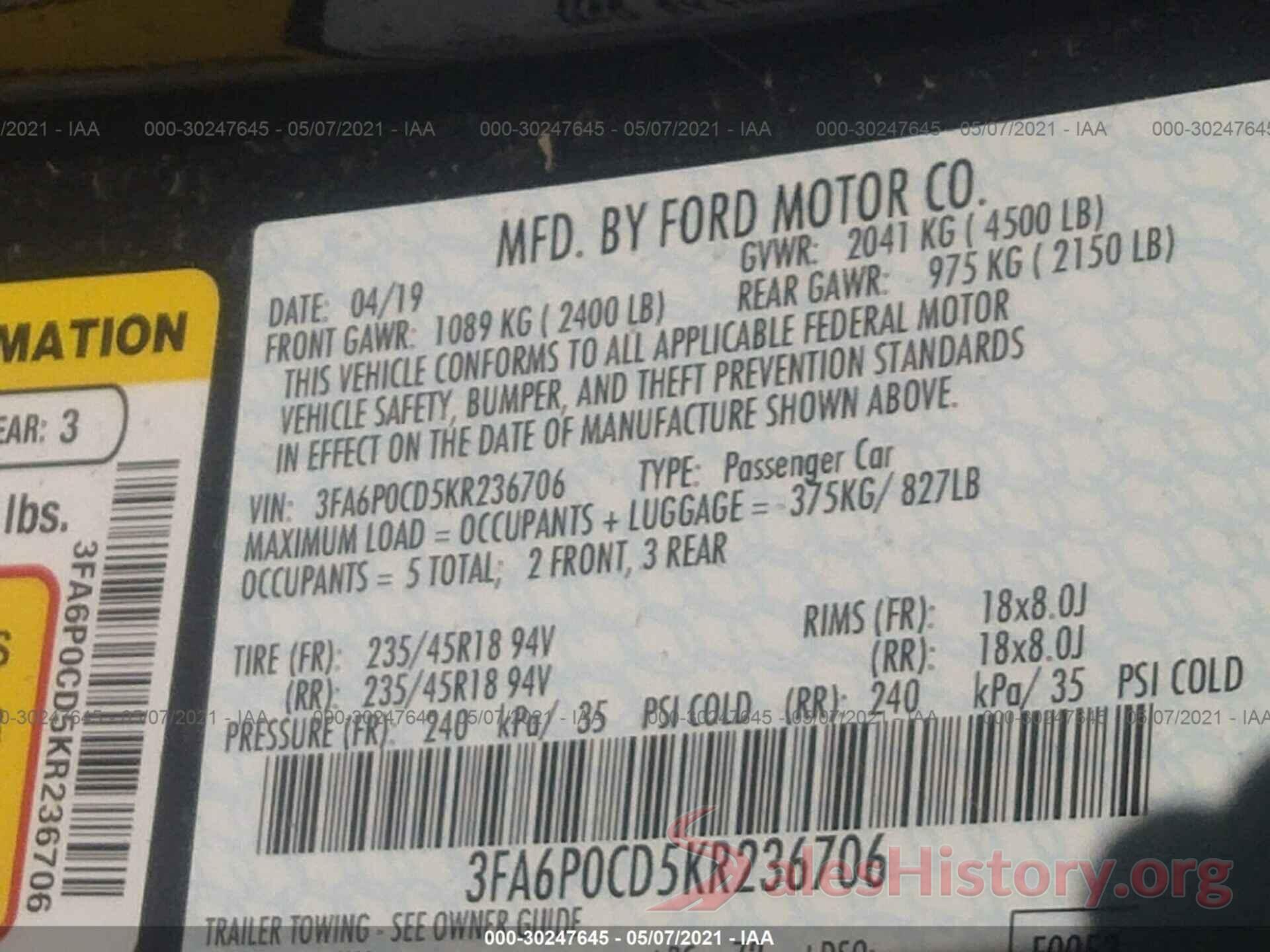 3FA6P0CD5KR236706 2019 FORD FUSION