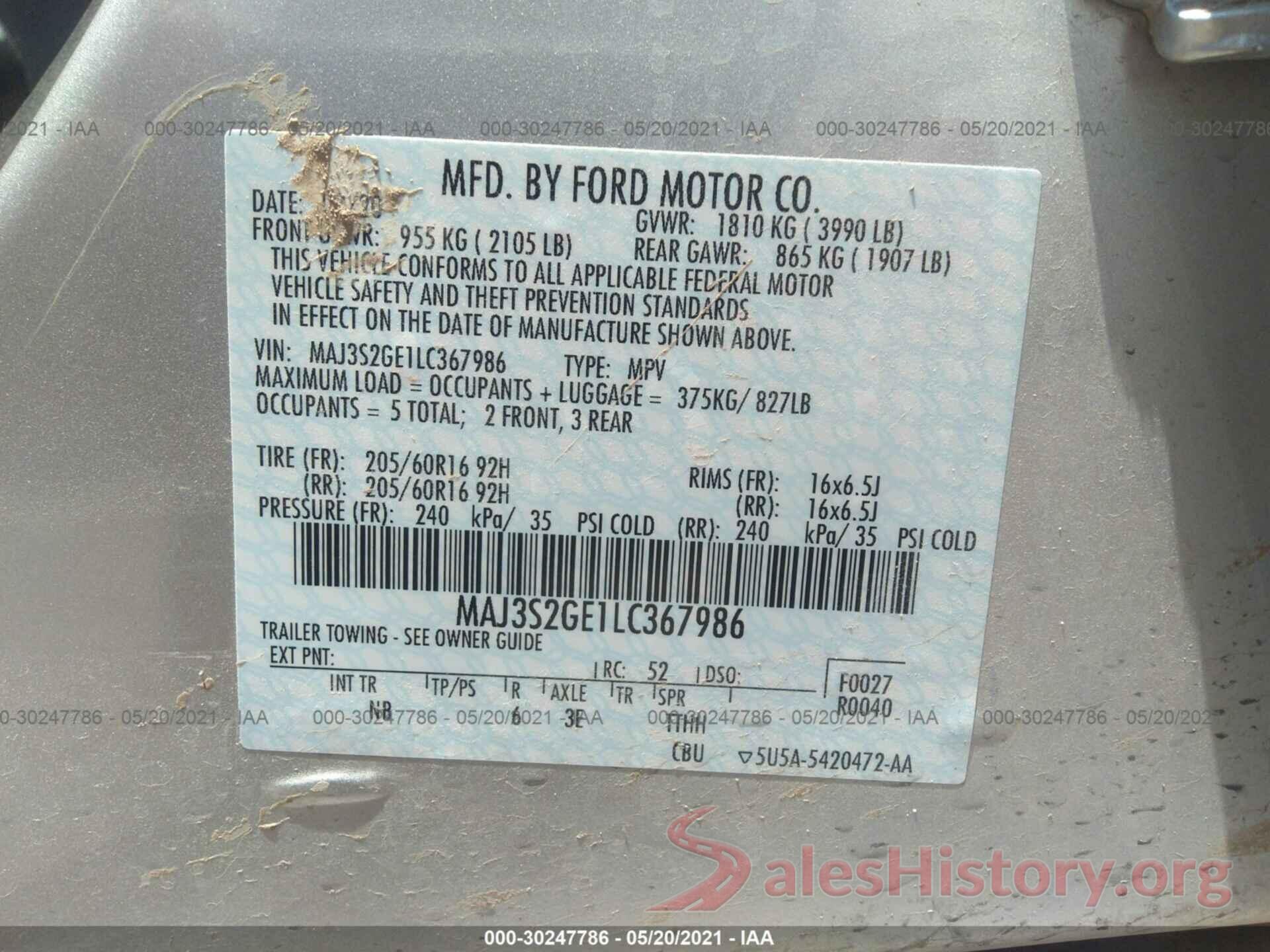 MAJ3S2GE1LC367986 2020 FORD ECOSPORT