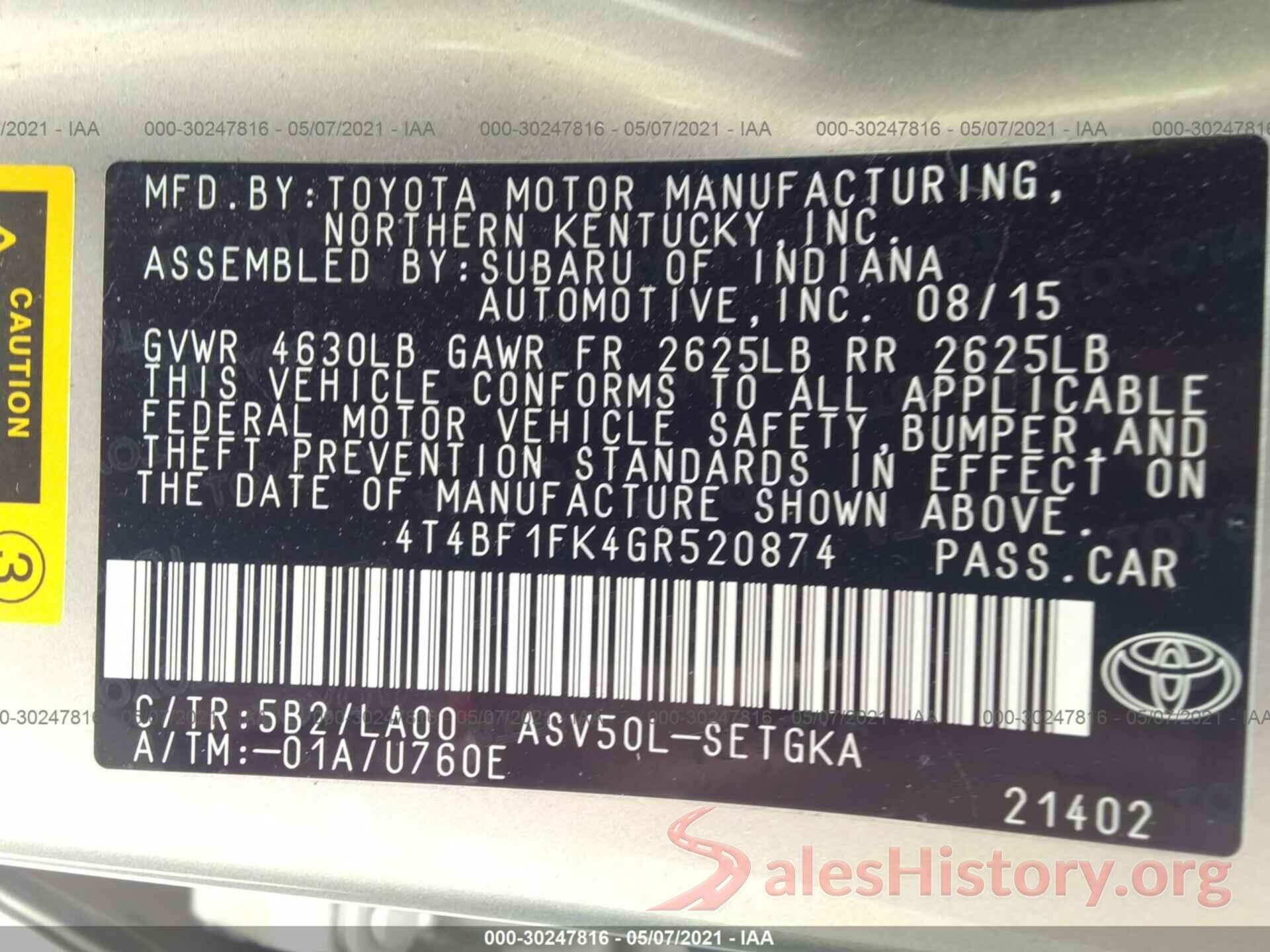 4T4BF1FK4GR520874 2016 TOYOTA CAMRY