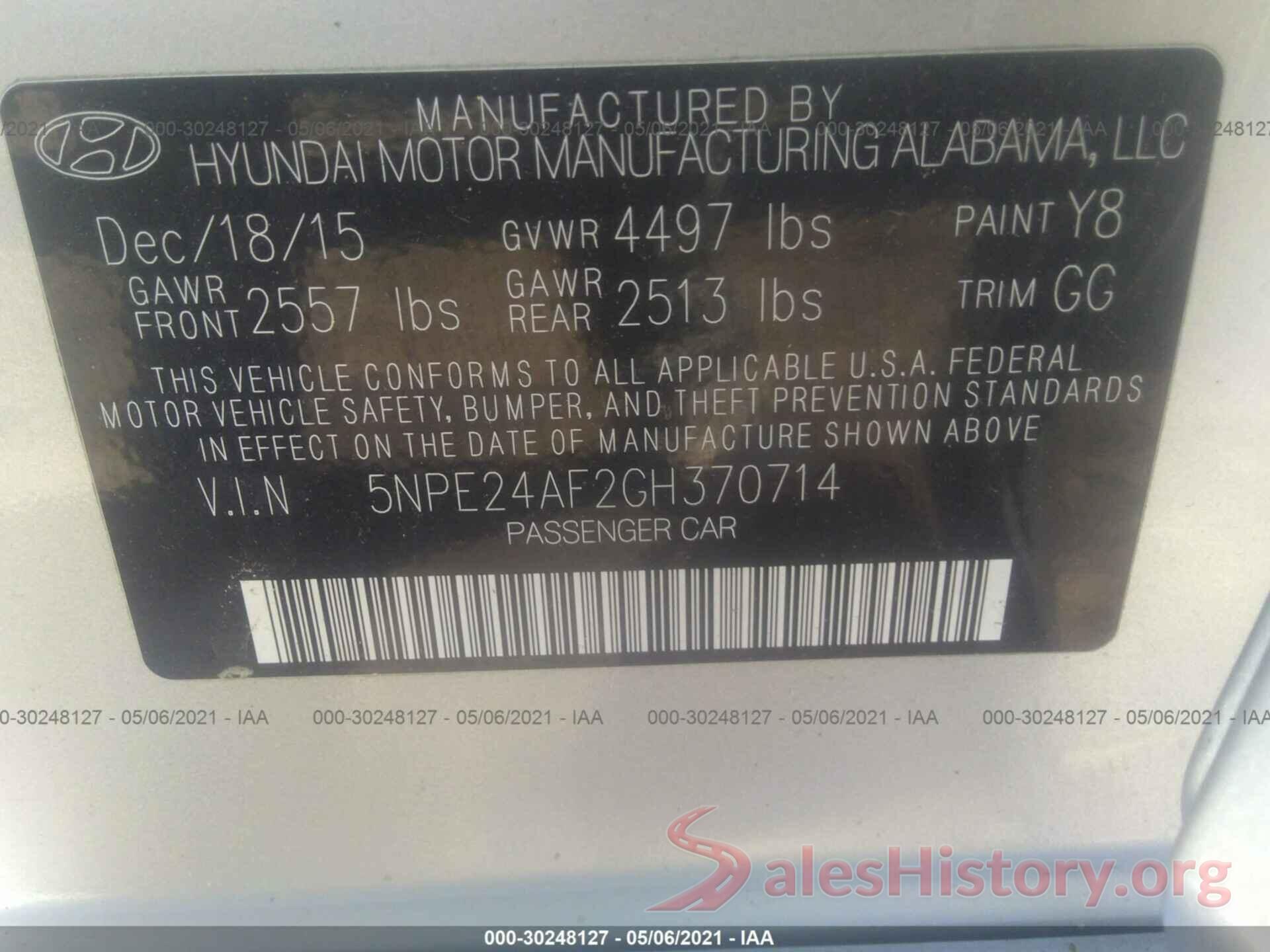 5NPE24AF2GH370714 2016 HYUNDAI SONATA