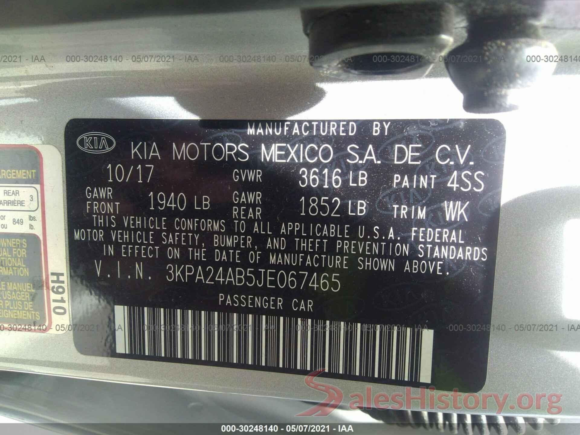 3KPA24AB5JE067465 2018 KIA RIO