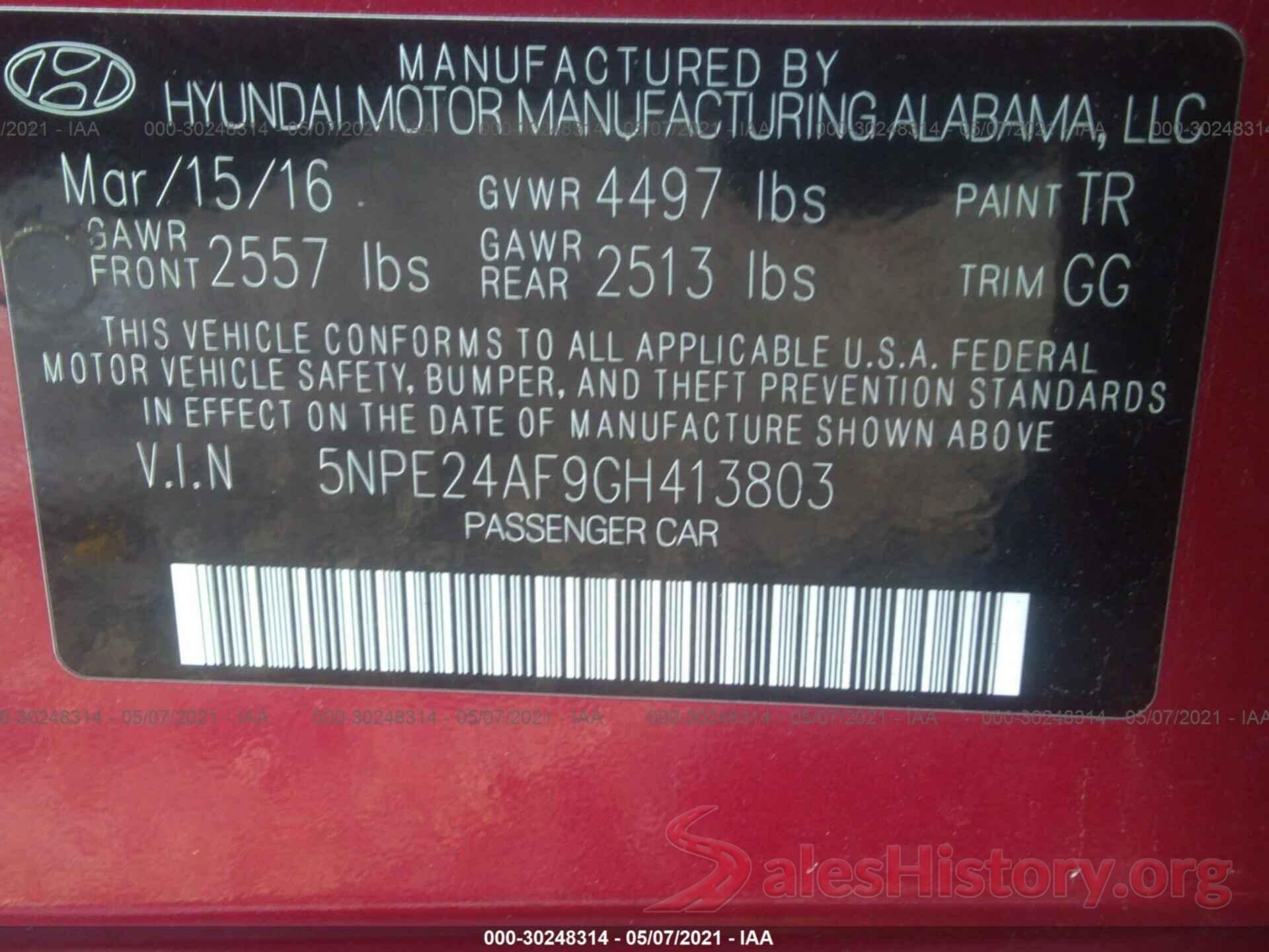 5NPE24AF9GH413803 2016 HYUNDAI SONATA