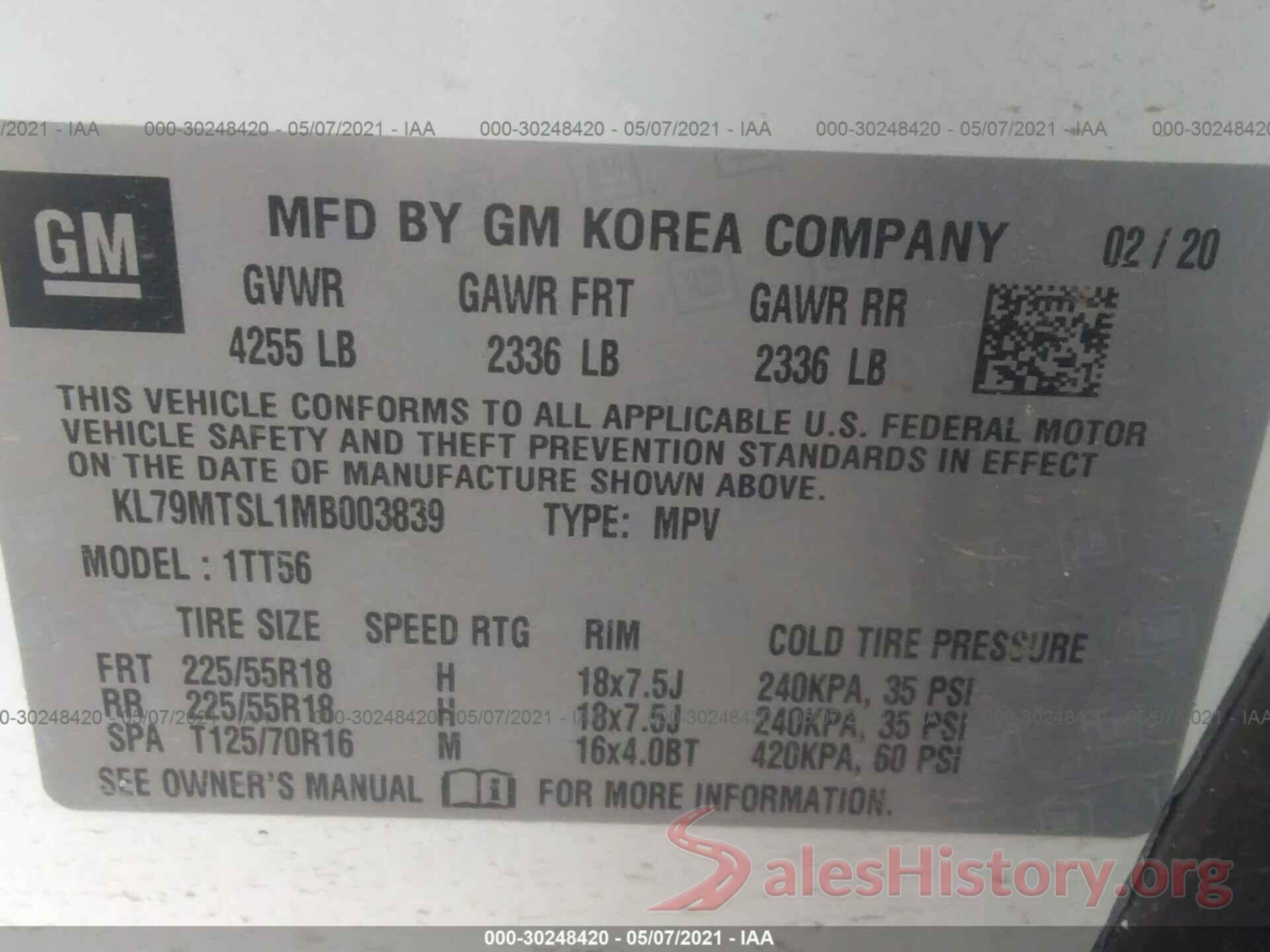 KL79MTSL1MB003839 2021 CHEVROLET TRAILBLAZER