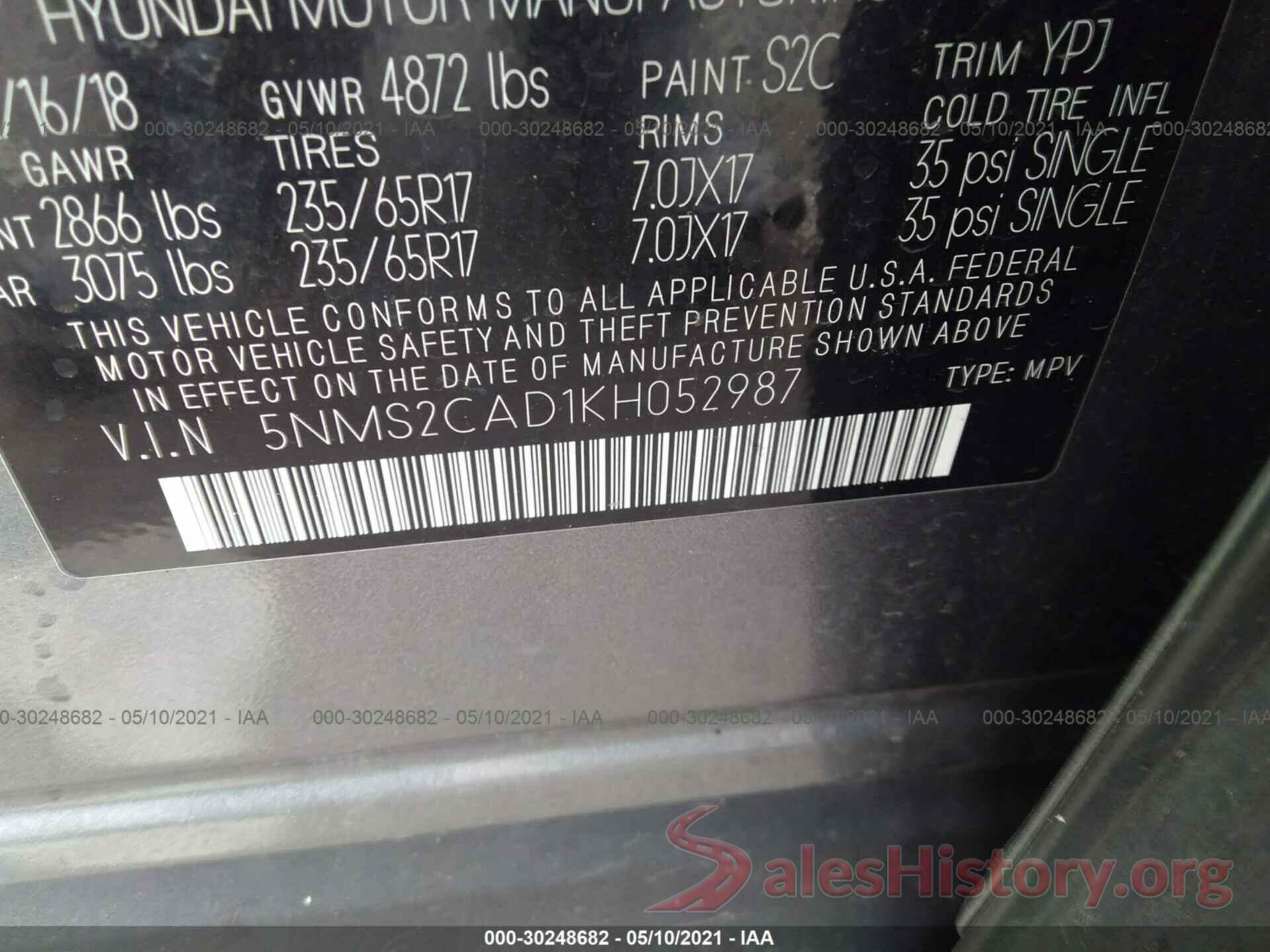 5NMS2CAD1KH052987 2019 HYUNDAI SANTA FE