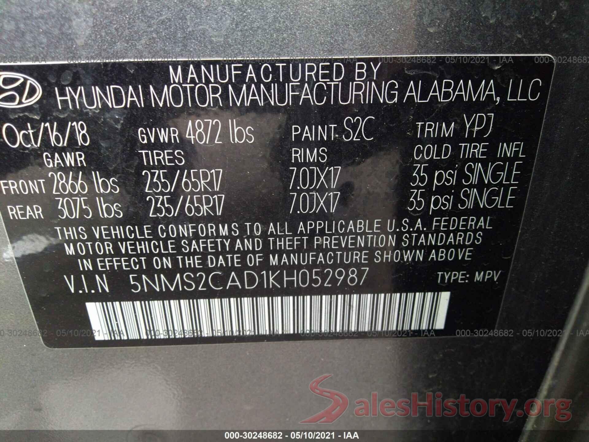 5NMS2CAD1KH052987 2019 HYUNDAI SANTA FE