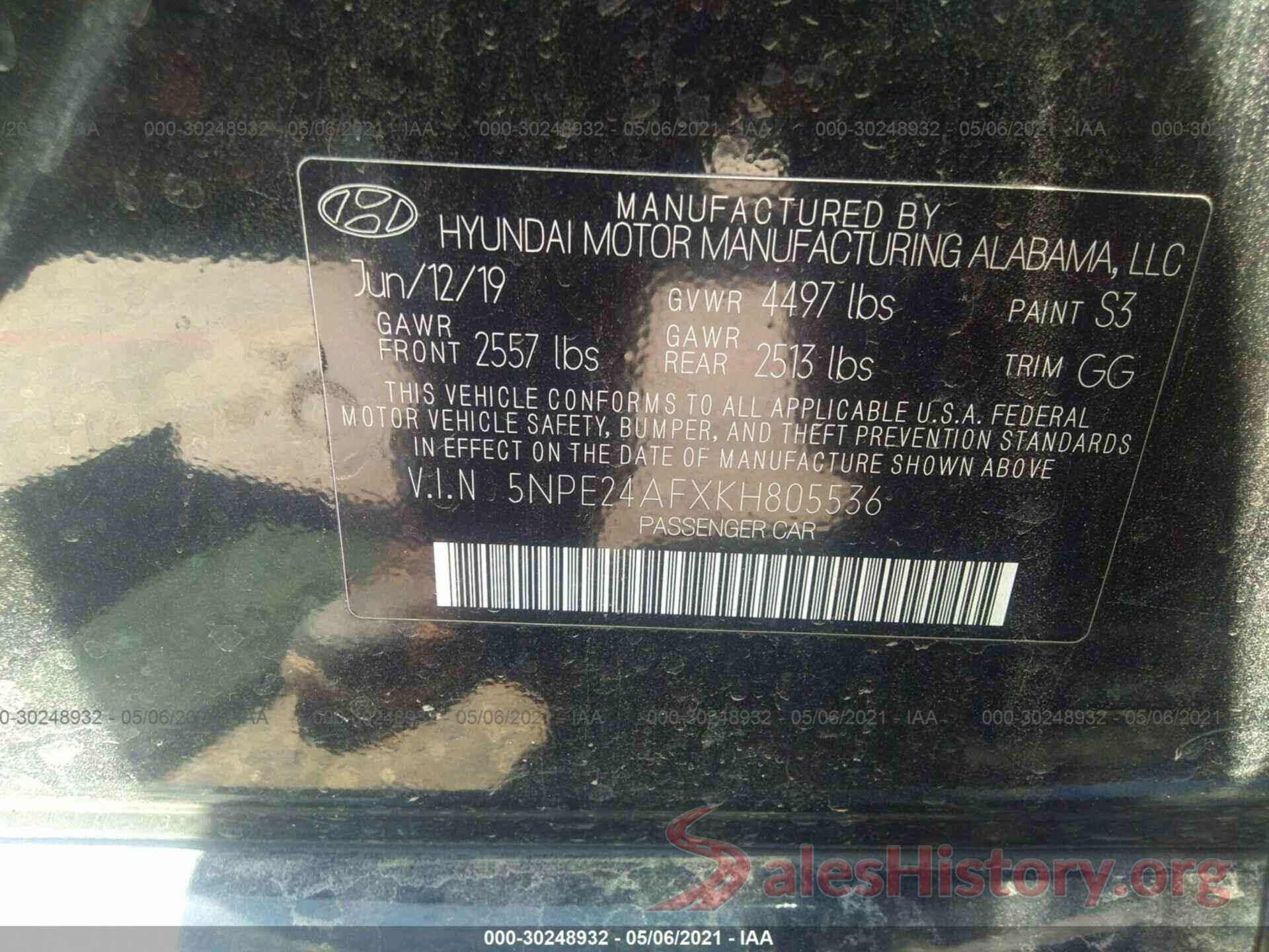 5NPE24AFXKH805536 2019 HYUNDAI SONATA