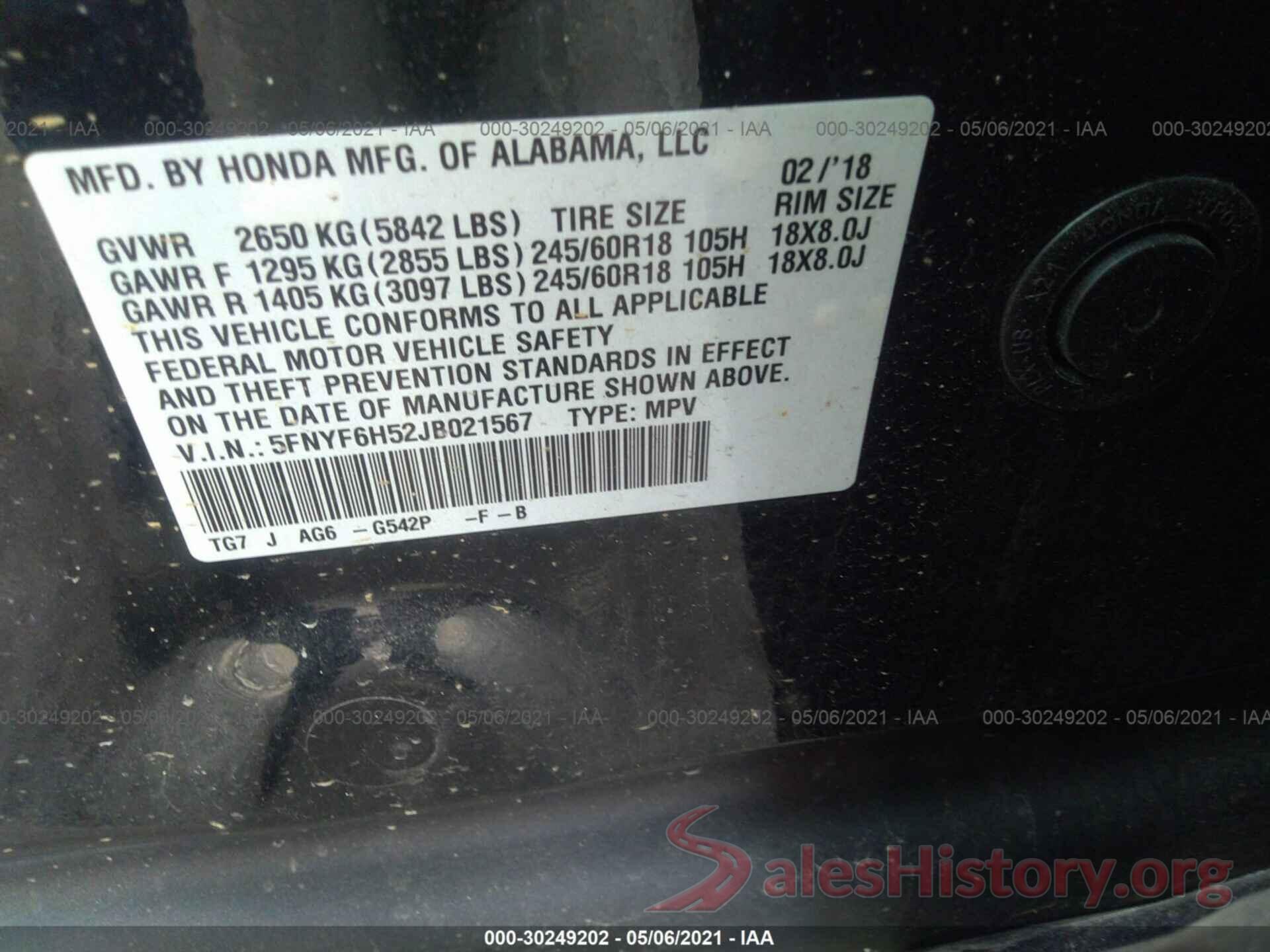 5FNYF6H52JB021567 2018 HONDA PILOT