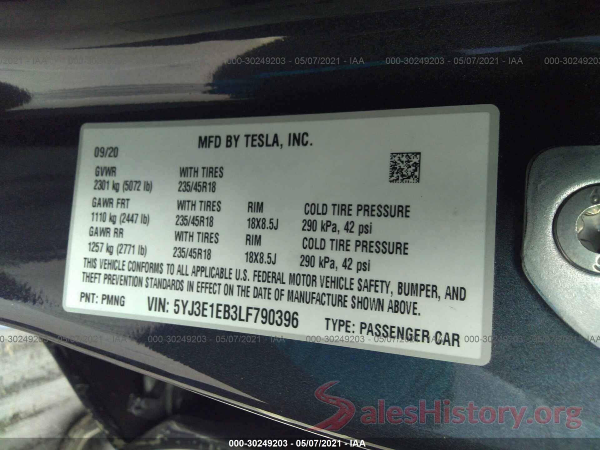 5YJ3E1EB3LF790396 2020 TESLA MODEL 3