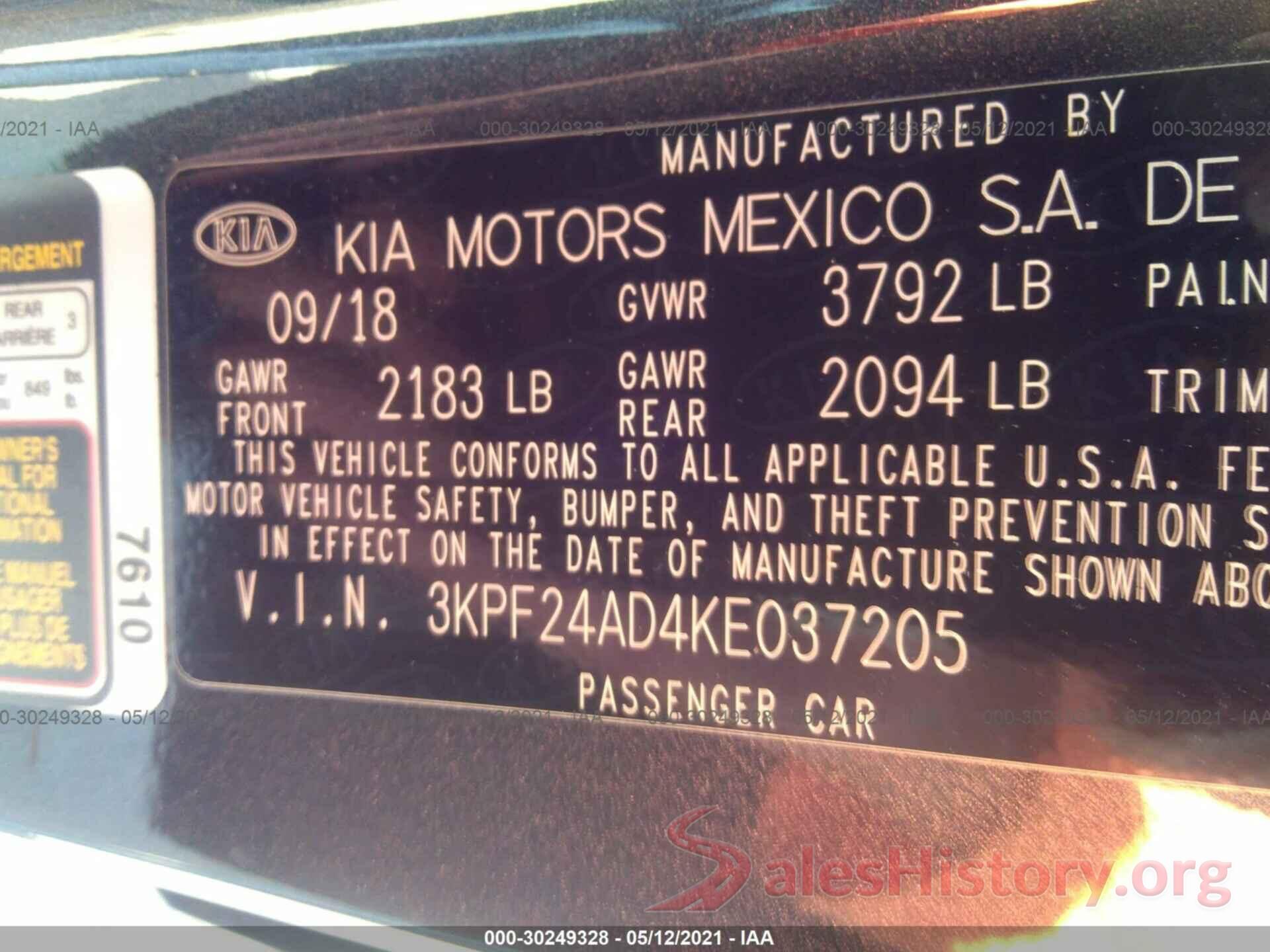 3KPF24AD4KE037205 2019 KIA FORTE