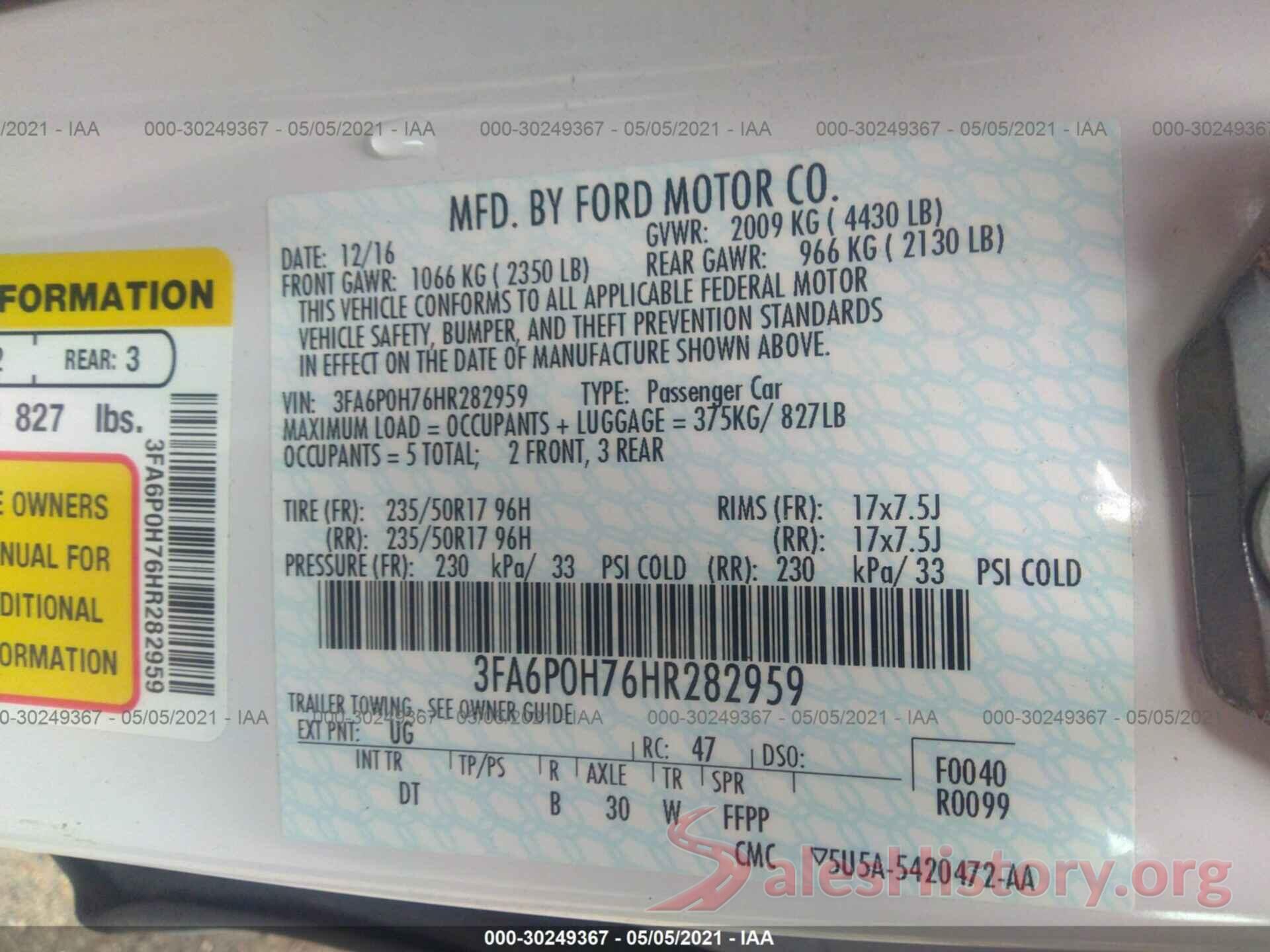 3FA6P0H76HR282959 2017 FORD FUSION