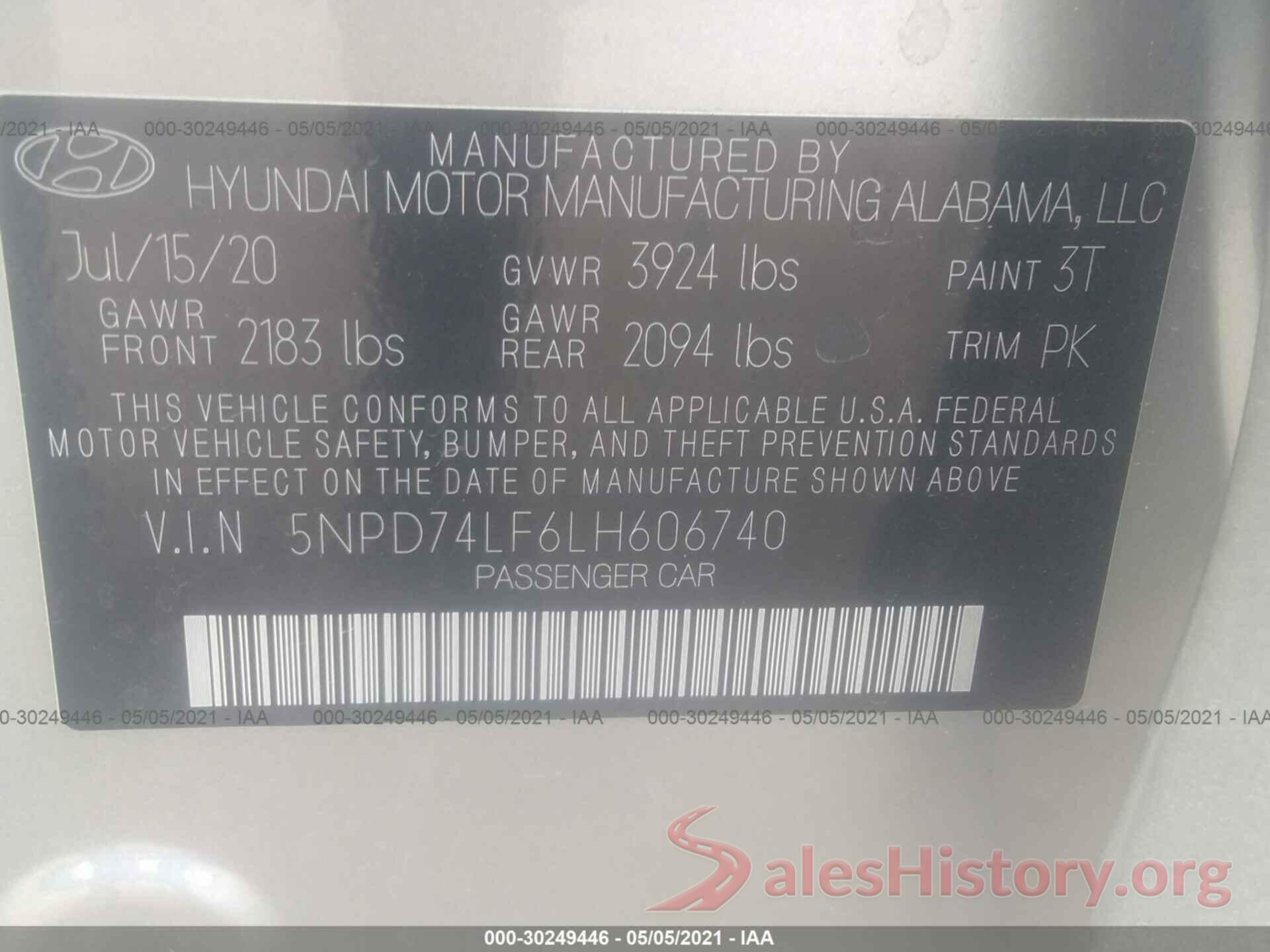 5NPD74LF6LH606740 2020 HYUNDAI ELANTRA