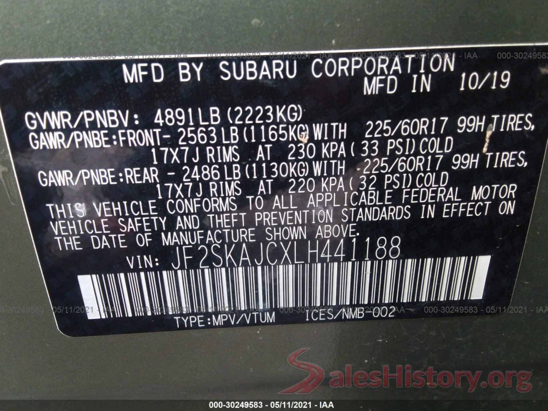 JF2SKAJCXLH441188 2020 SUBARU FORESTER