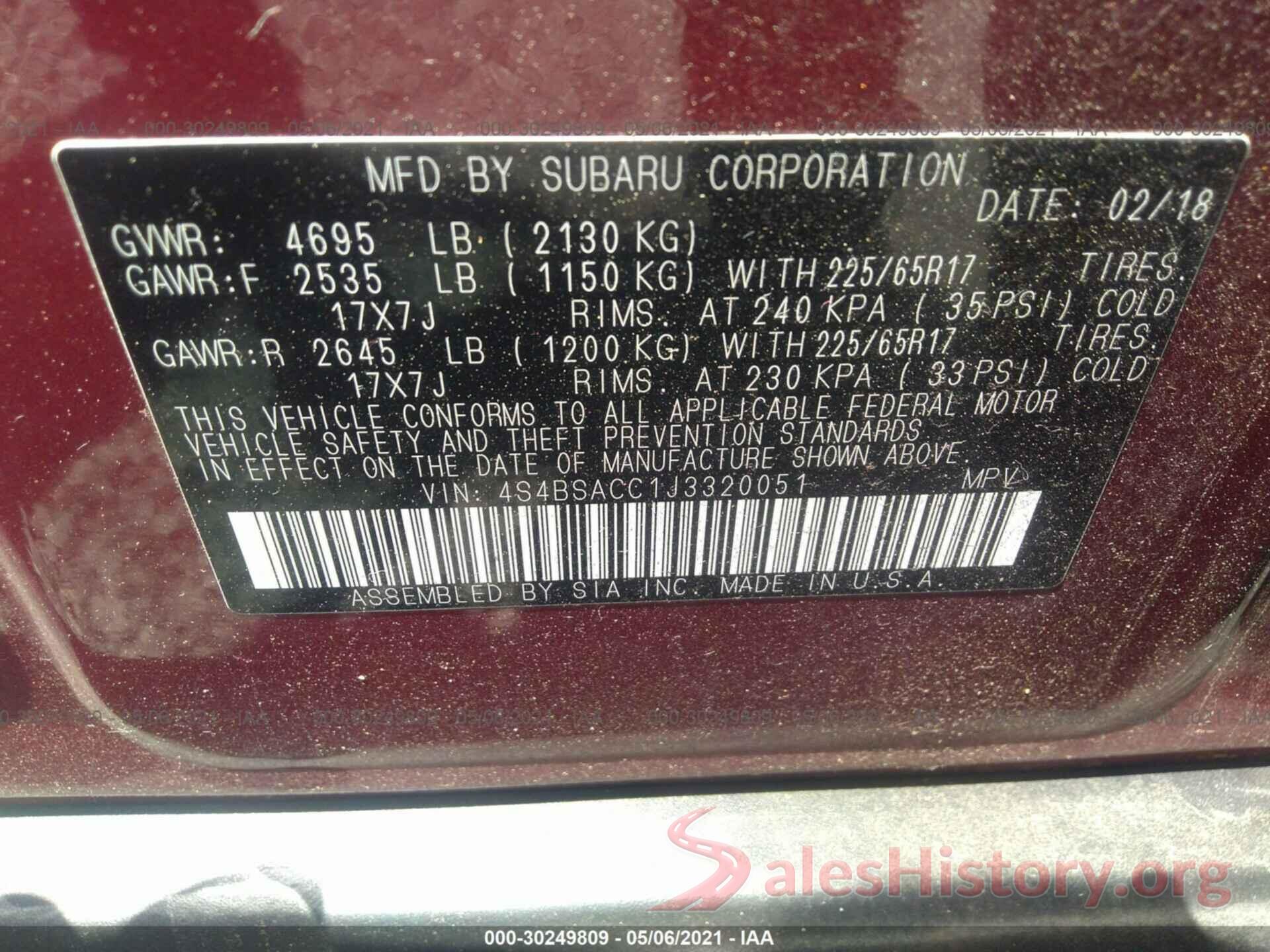 4S4BSACC1J3320051 2018 SUBARU OUTBACK