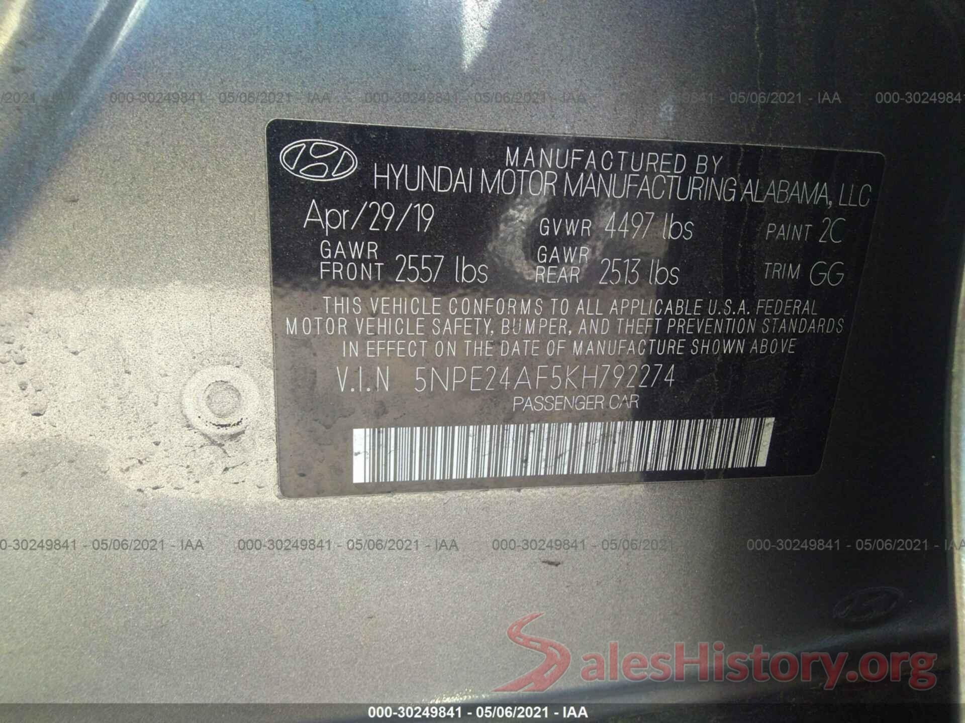 5NPE24AF5KH792274 2019 HYUNDAI SONATA