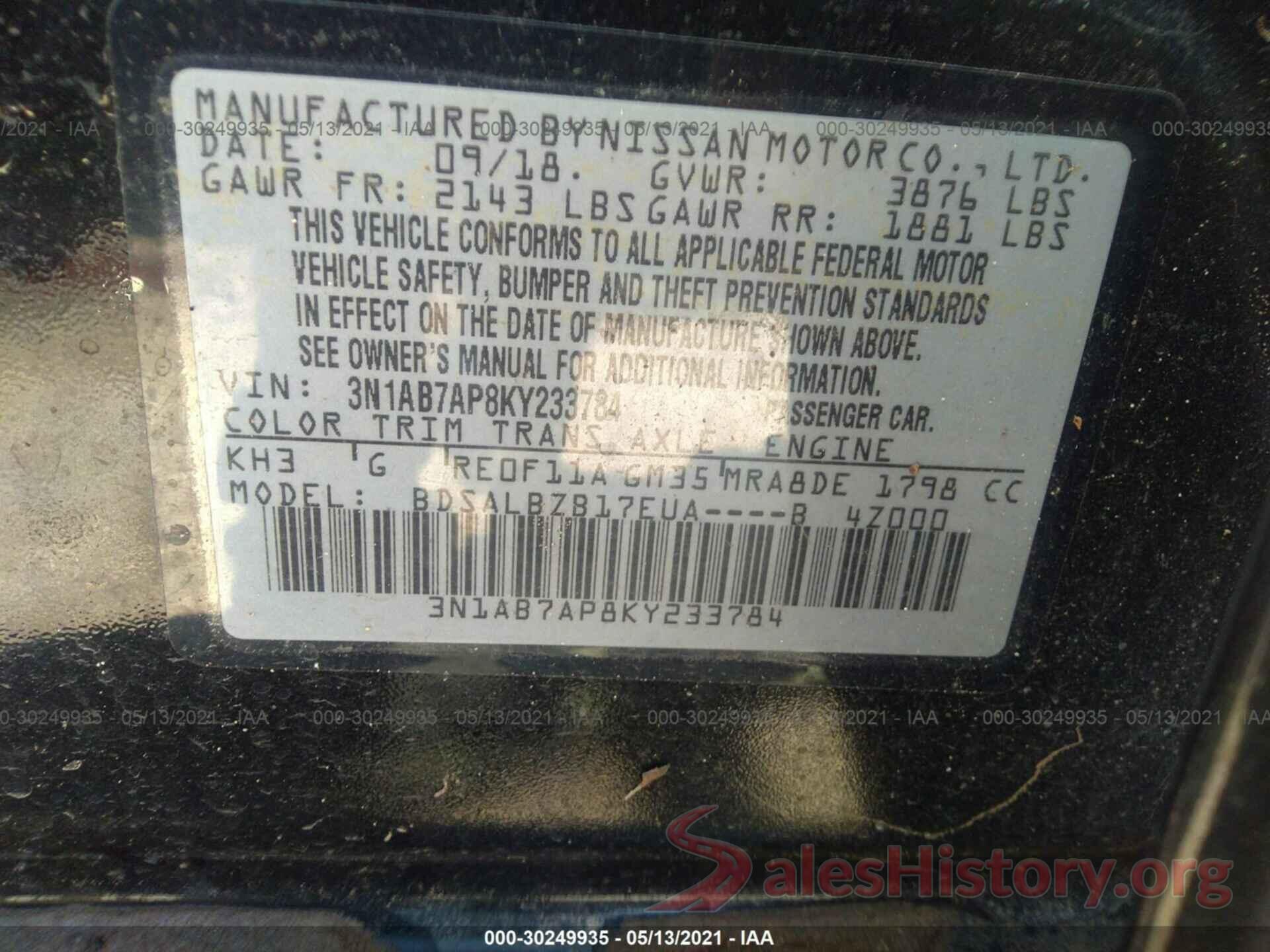 3N1AB7AP8KY233784 2019 NISSAN SENTRA