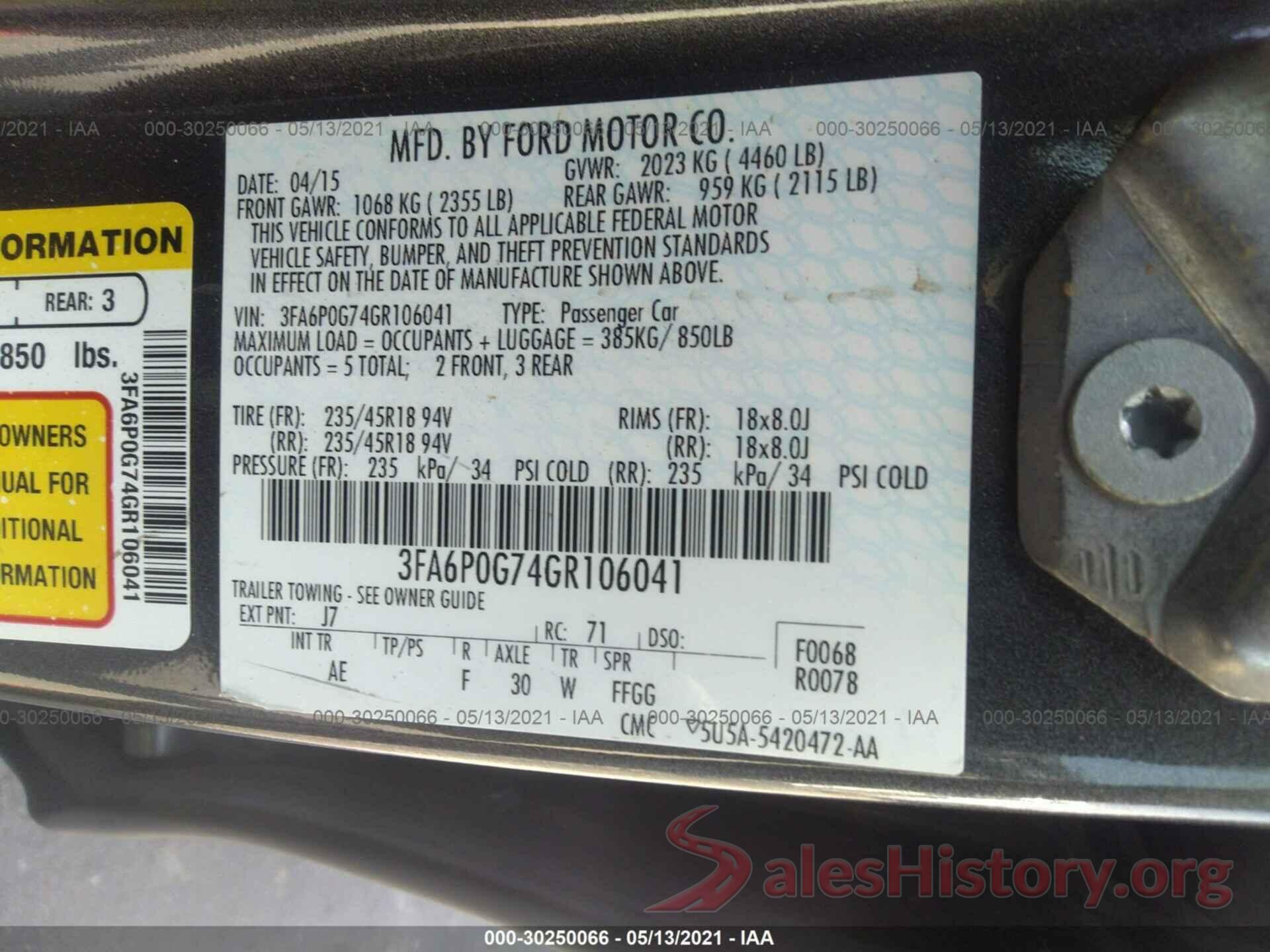 3FA6P0G74GR106041 2016 FORD FUSION