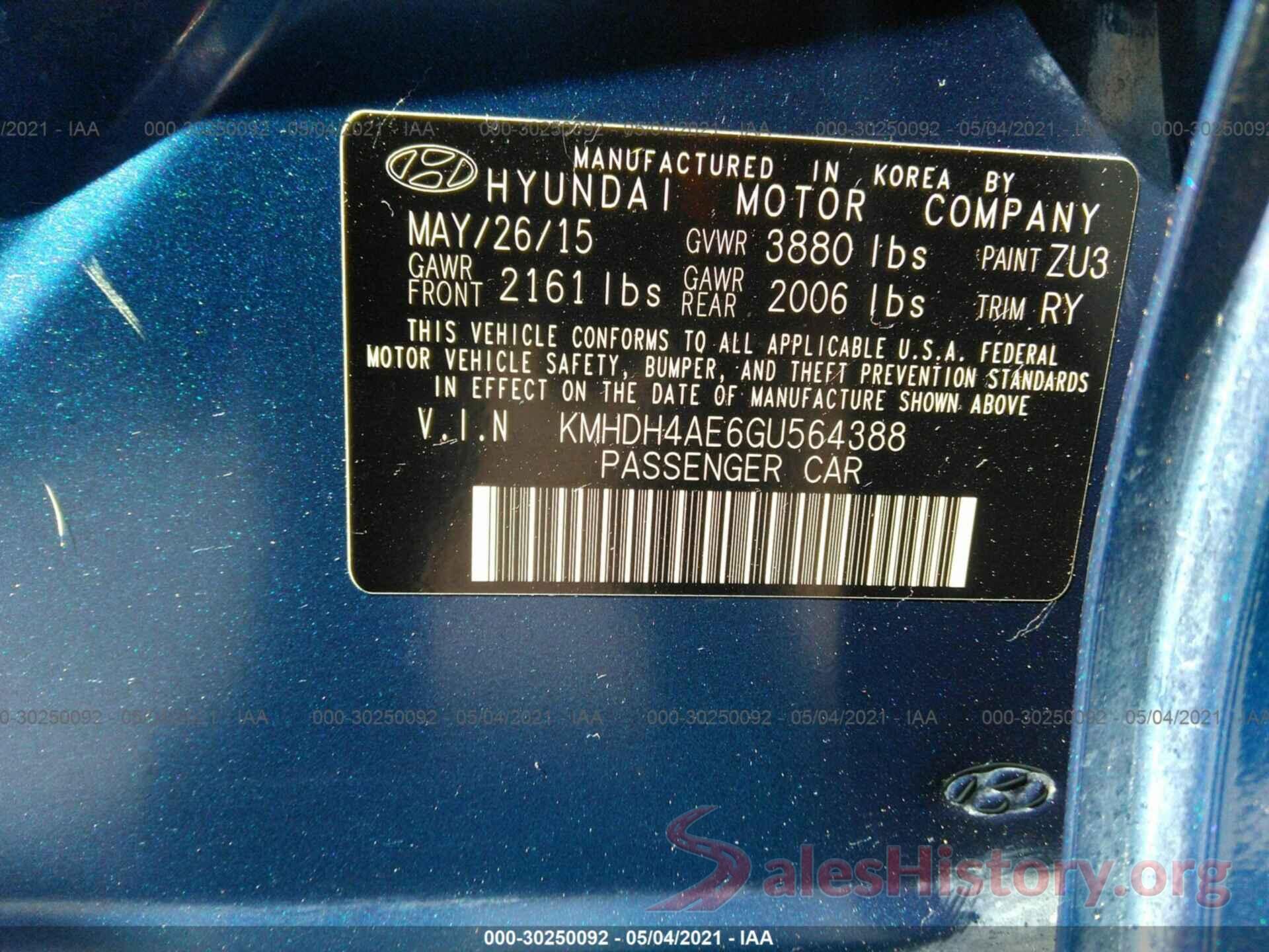 KMHDH4AE6GU564388 2016 HYUNDAI ELANTRA