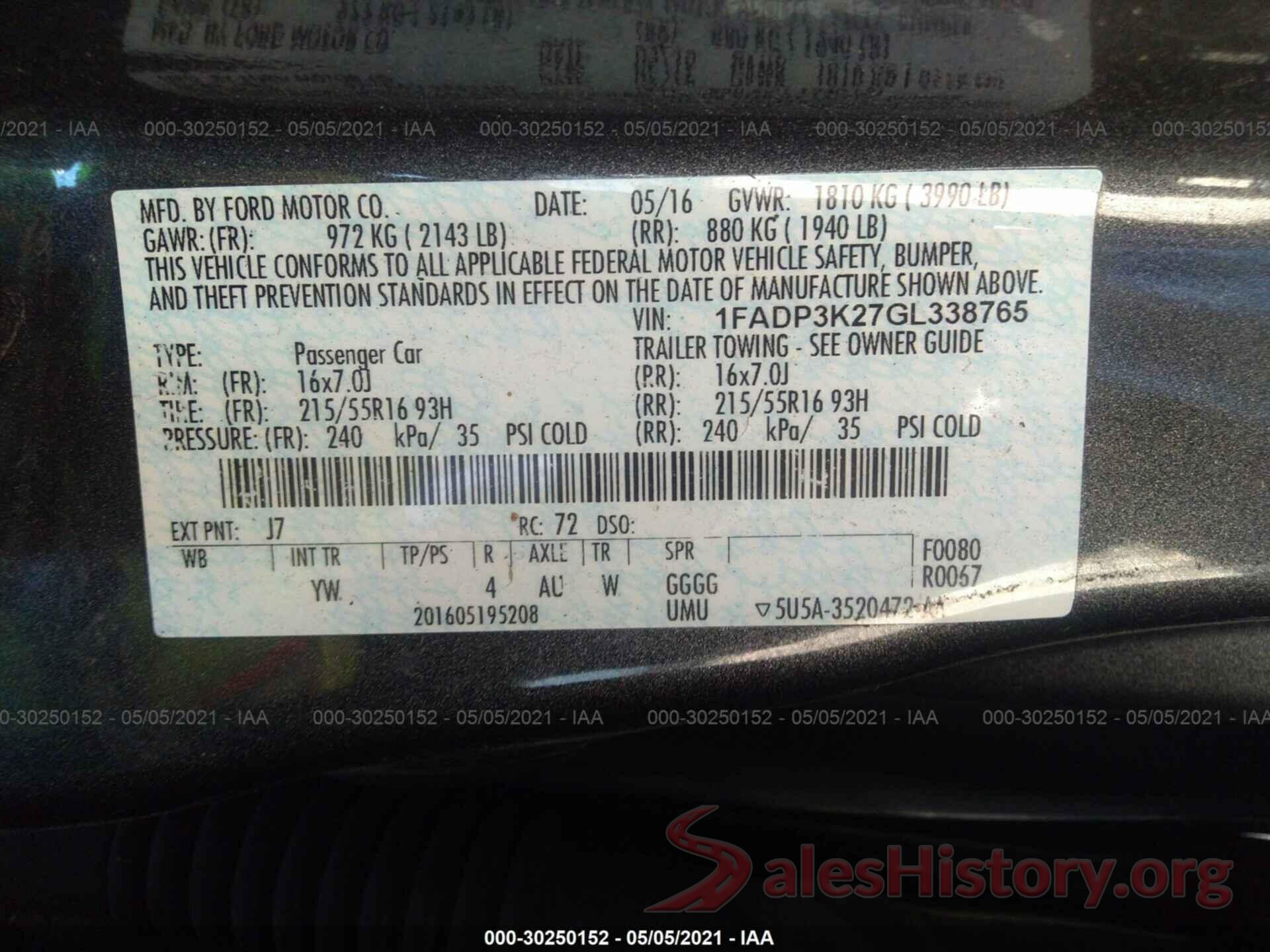 1FADP3K27GL338765 2016 FORD FOCUS