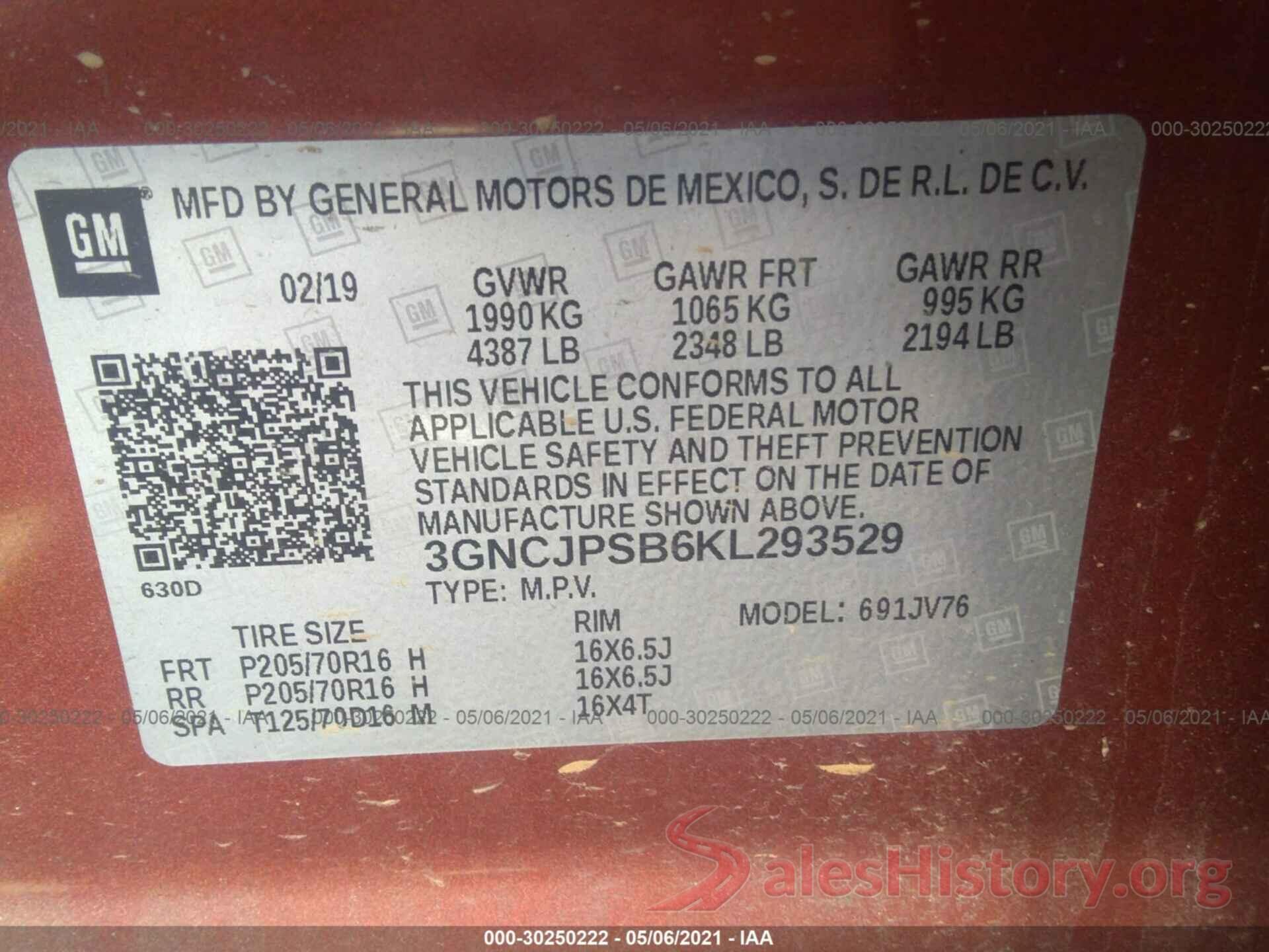 3GNCJPSB6KL293529 2019 CHEVROLET TRAX