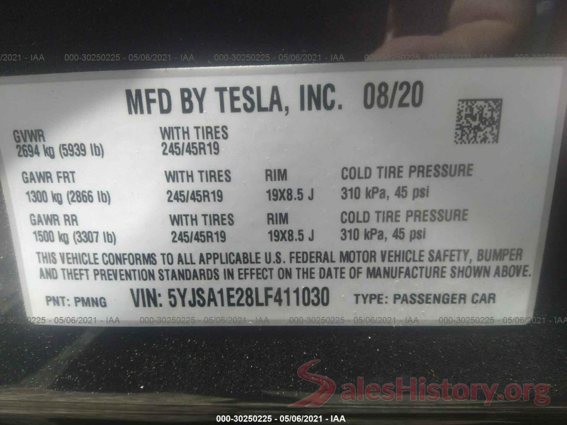 5YJSA1E28LF411030 2020 TESLA MODEL S