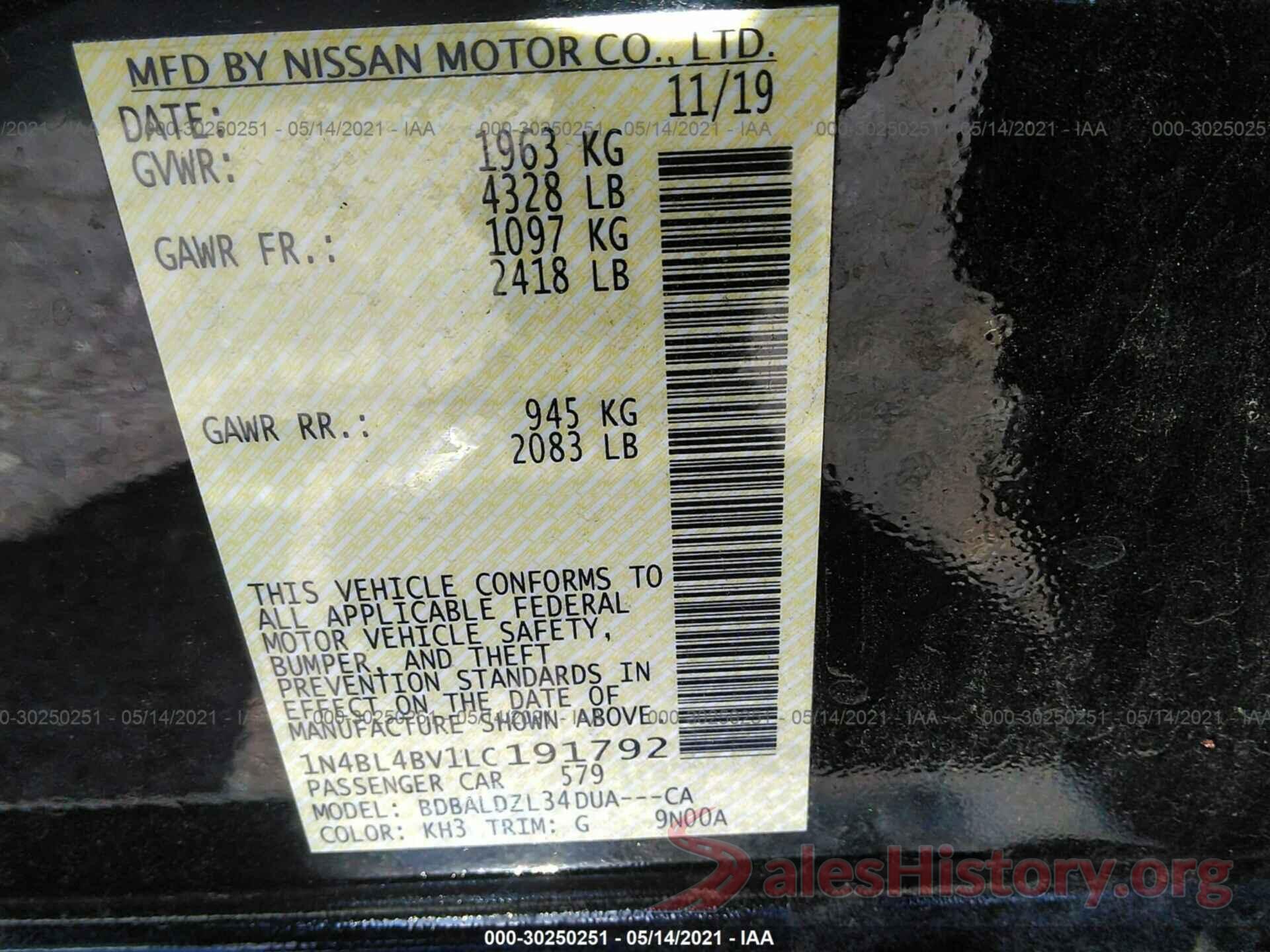 1N4BL4BV1LC191792 2020 NISSAN ALTIMA