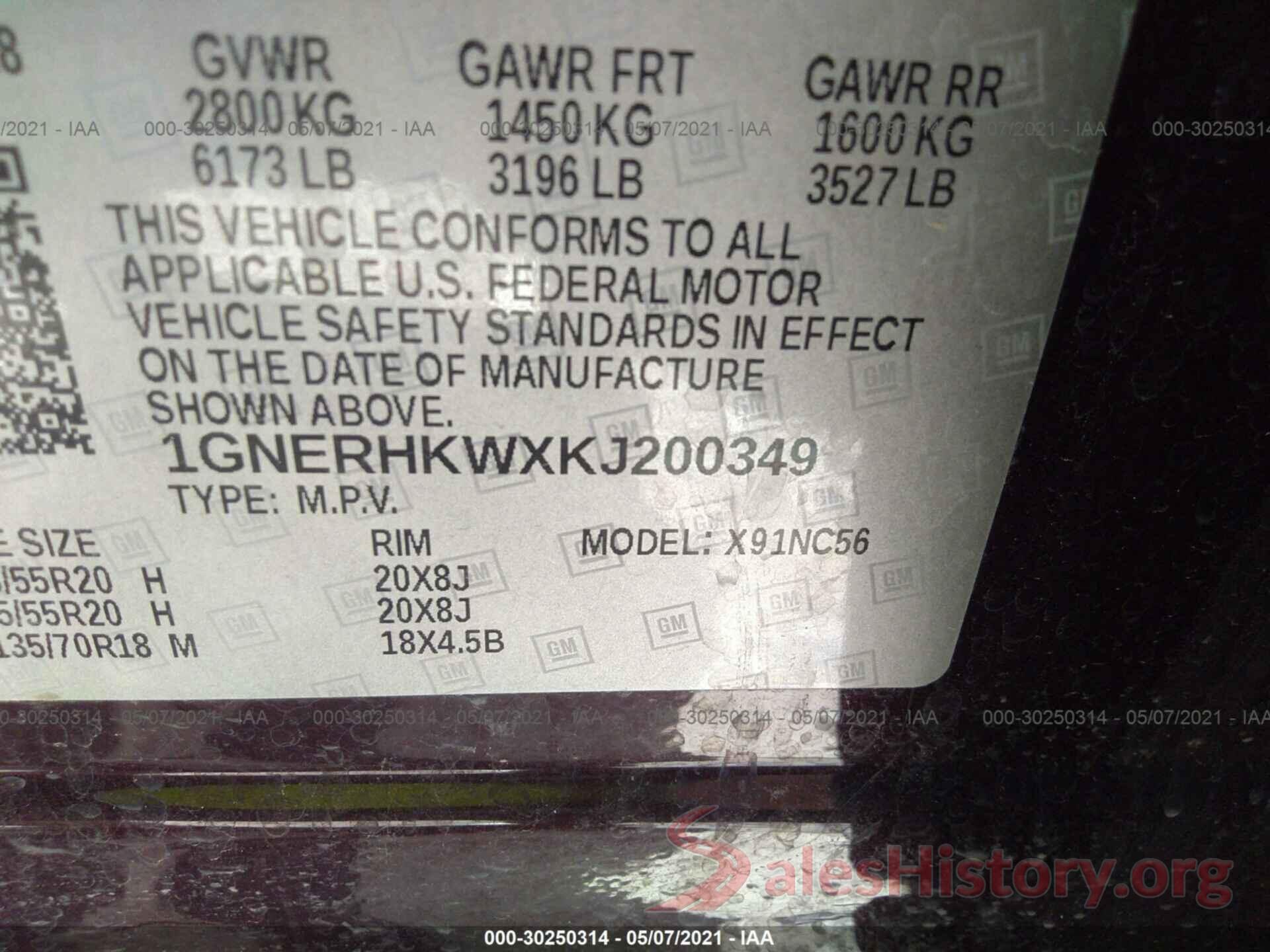 1GNERHKWXKJ200349 2019 CHEVROLET TRAVERSE