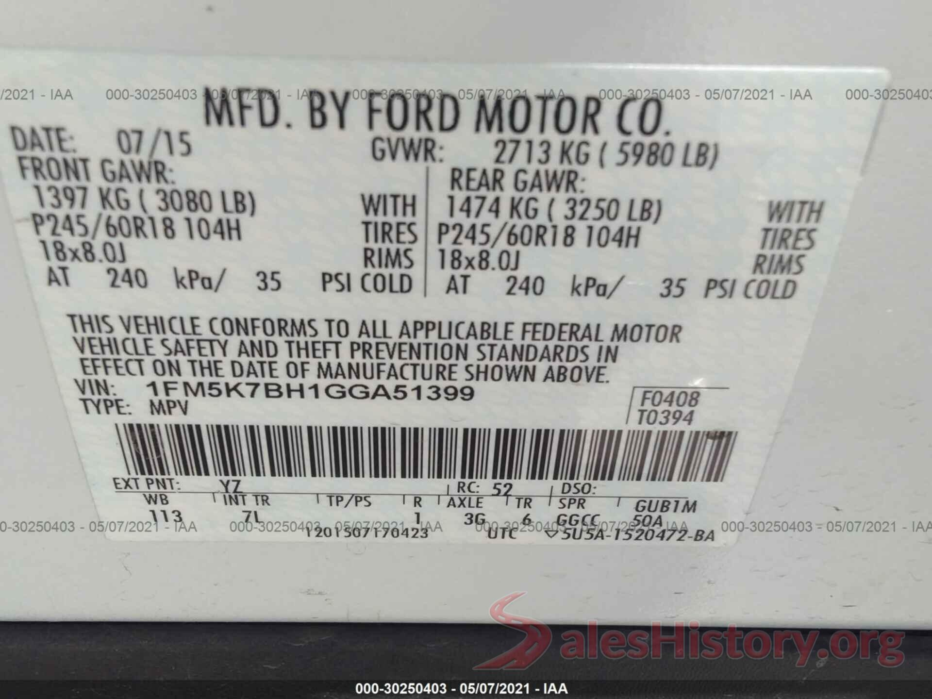 1FM5K7BH1GGA51399 2016 FORD EXPLORER