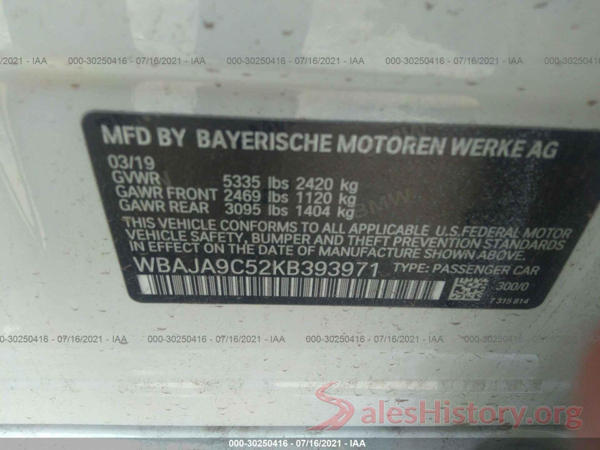 WBAJA9C52KB393971 2019 BMW 5 SERIES