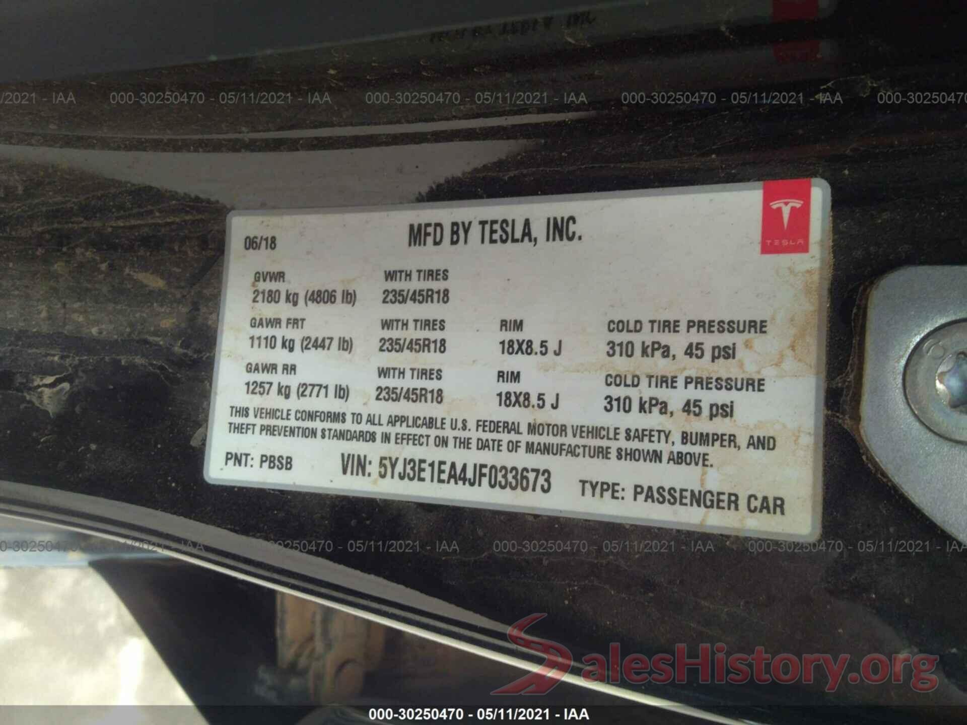 5YJ3E1EA4JF033673 2018 TESLA MODEL 3