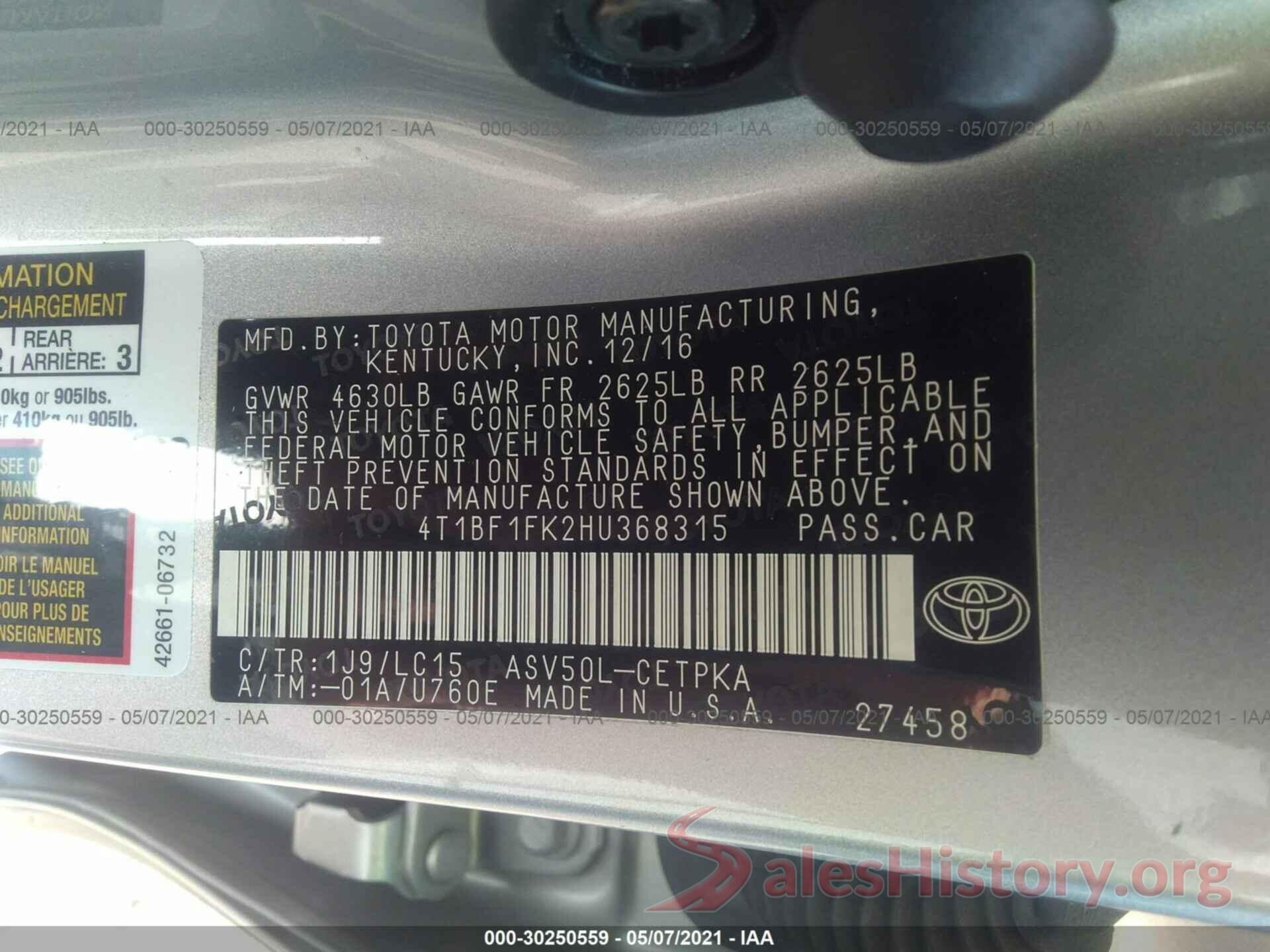 4T1BF1FK2HU368315 2017 TOYOTA CAMRY