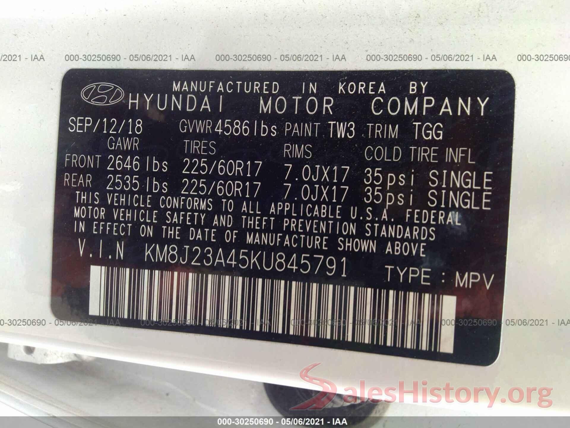 KM8J23A45KU845791 2019 HYUNDAI TUCSON