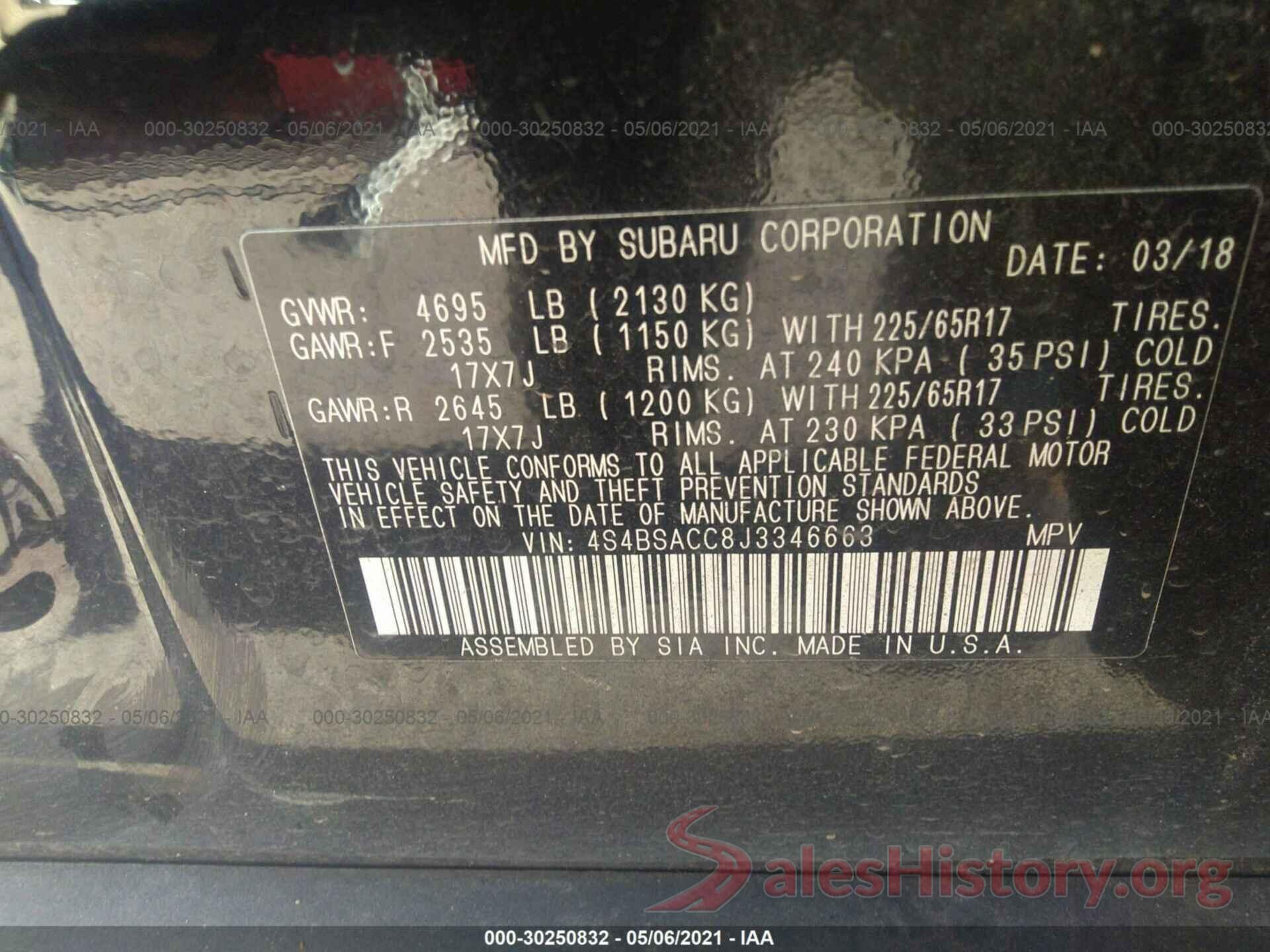 4S4BSACC8J3346663 2018 SUBARU OUTBACK