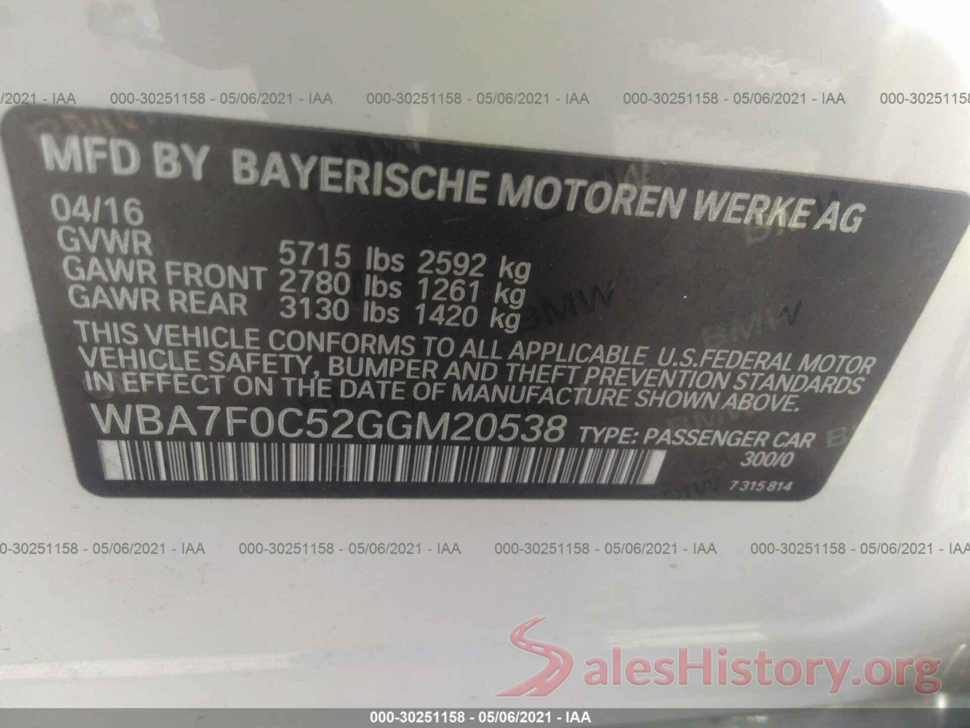 WBA7F0C52GGM20538 2016 BMW 7 SERIES