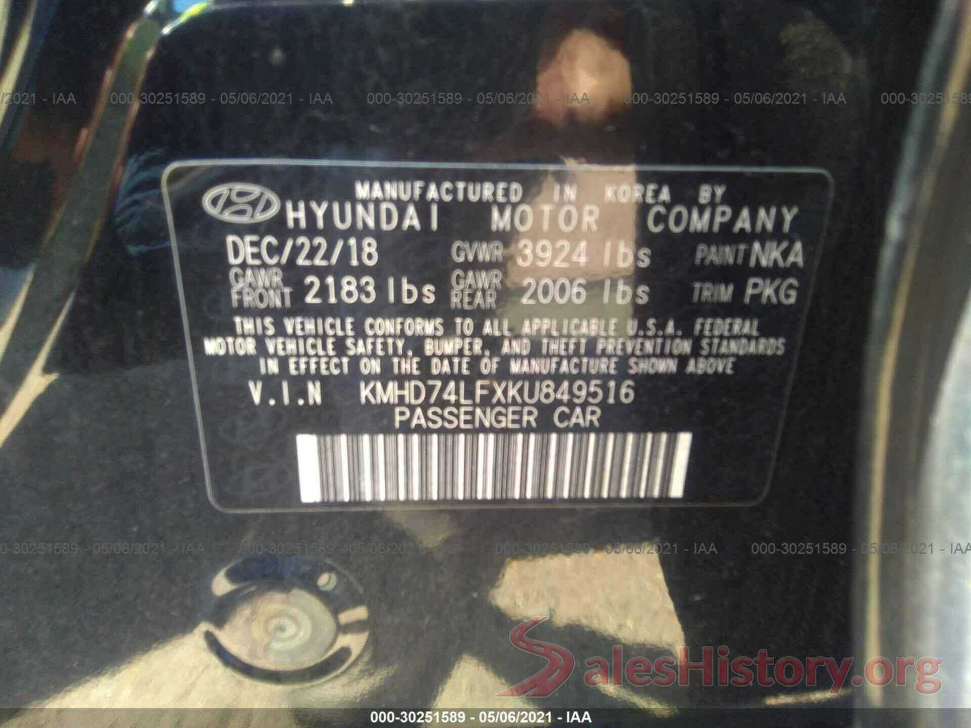 KMHD74LFXKU849516 2019 HYUNDAI ELANTRA