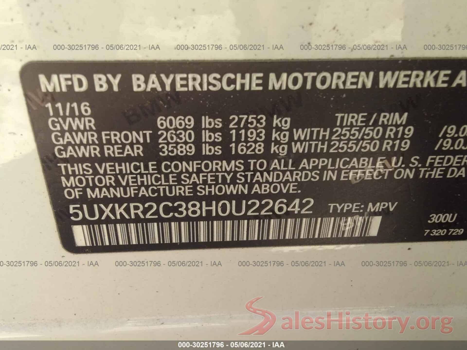 5UXKR2C38H0U22642 2017 BMW X5