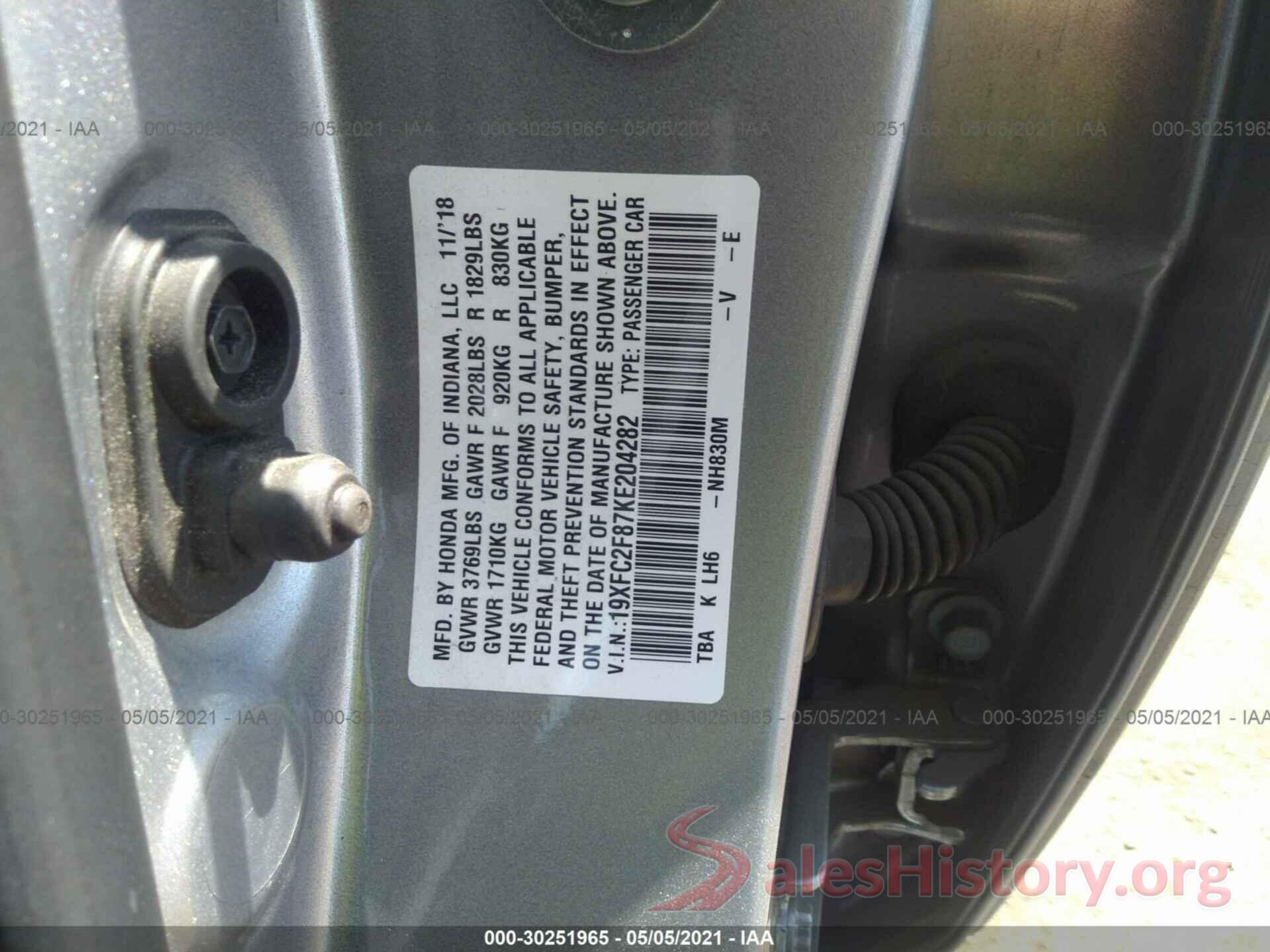 19XFC2F87KE204282 2019 HONDA CIVIC SEDAN