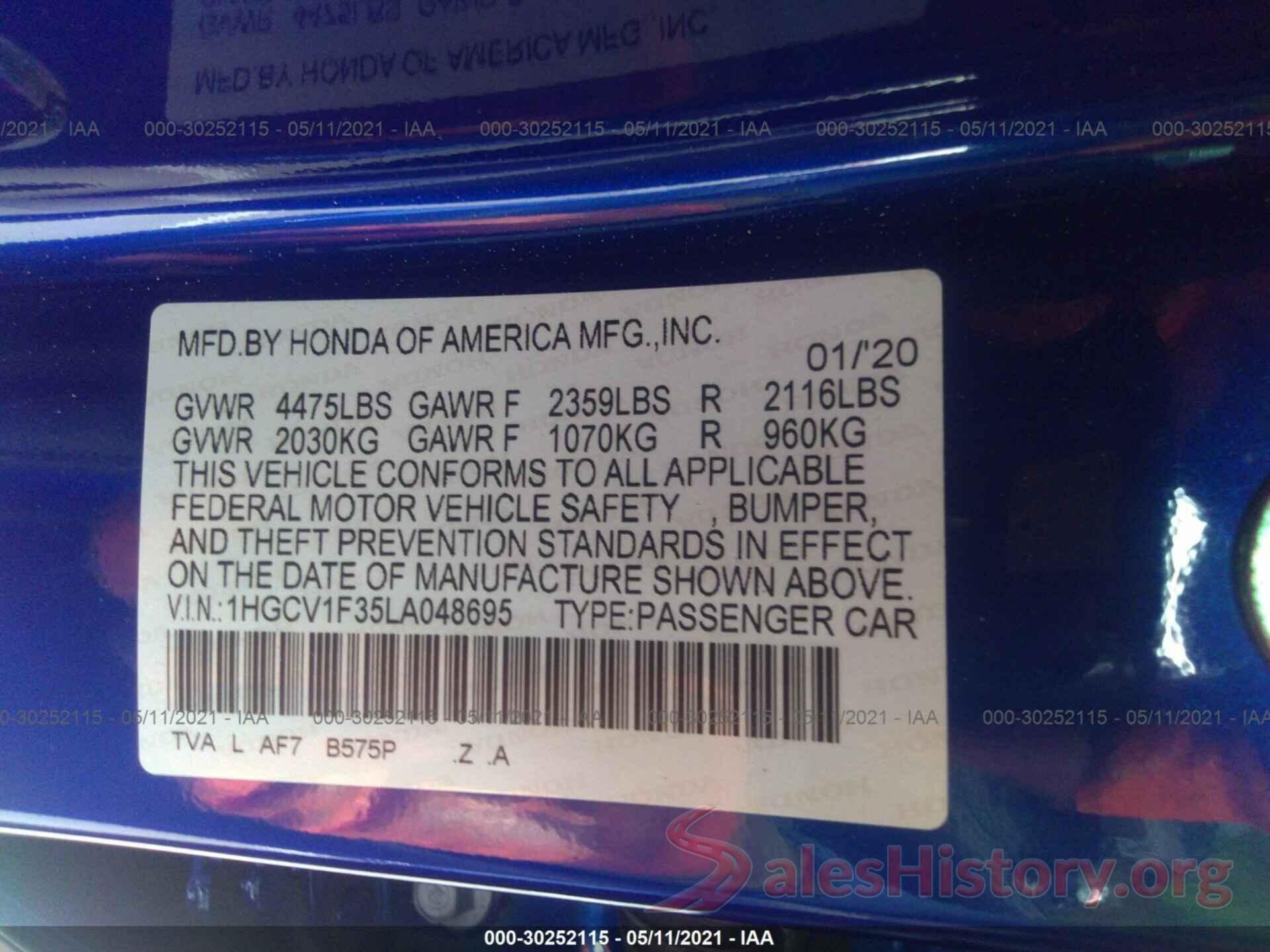 1HGCV1F35LA048695 2020 HONDA ACCORD SEDAN