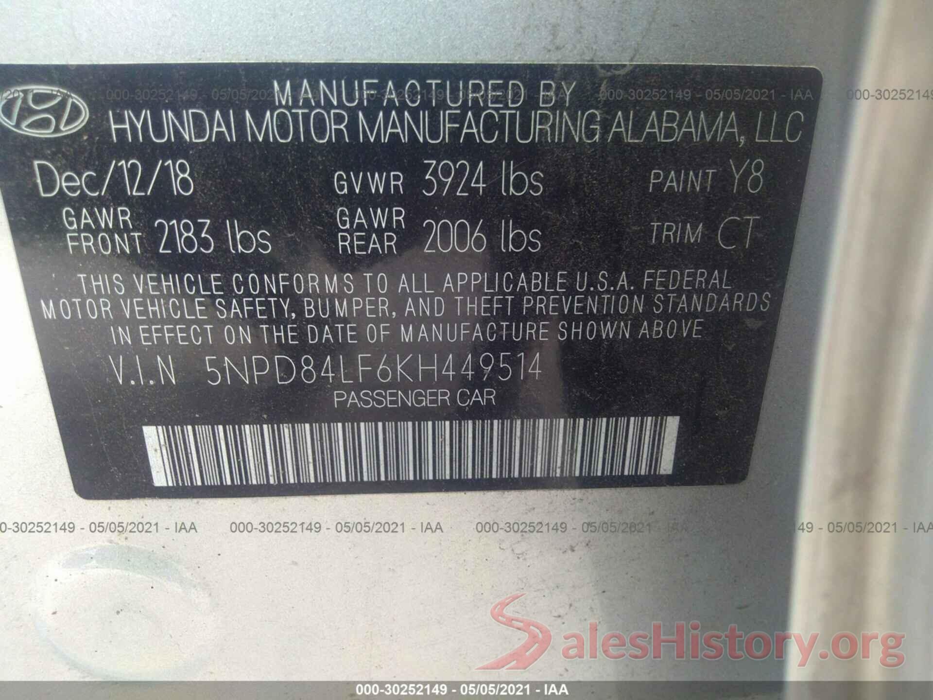 5NPD84LF6KH449514 2019 HYUNDAI ELANTRA