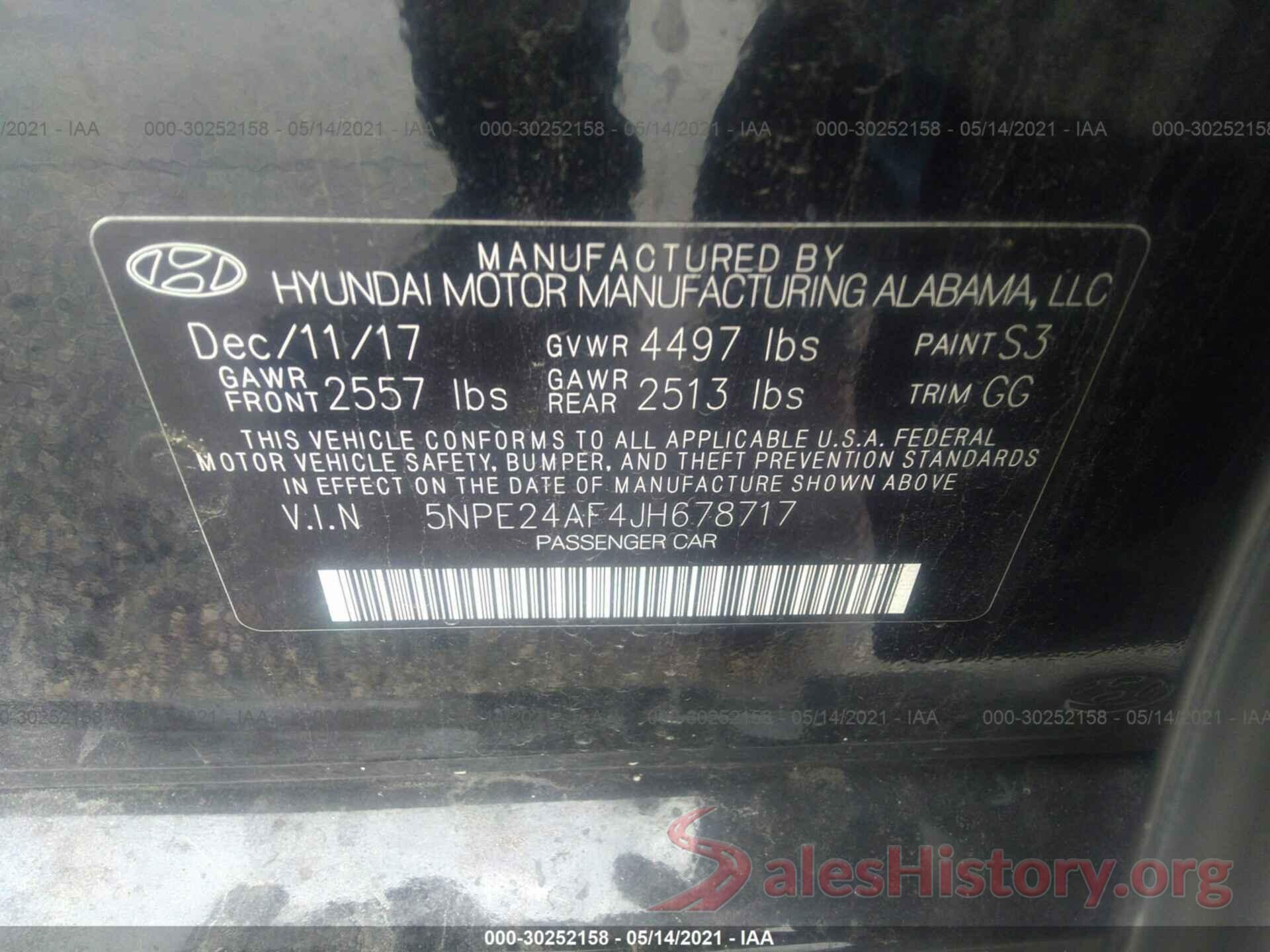 5NPE24AF4JH678717 2018 HYUNDAI SONATA