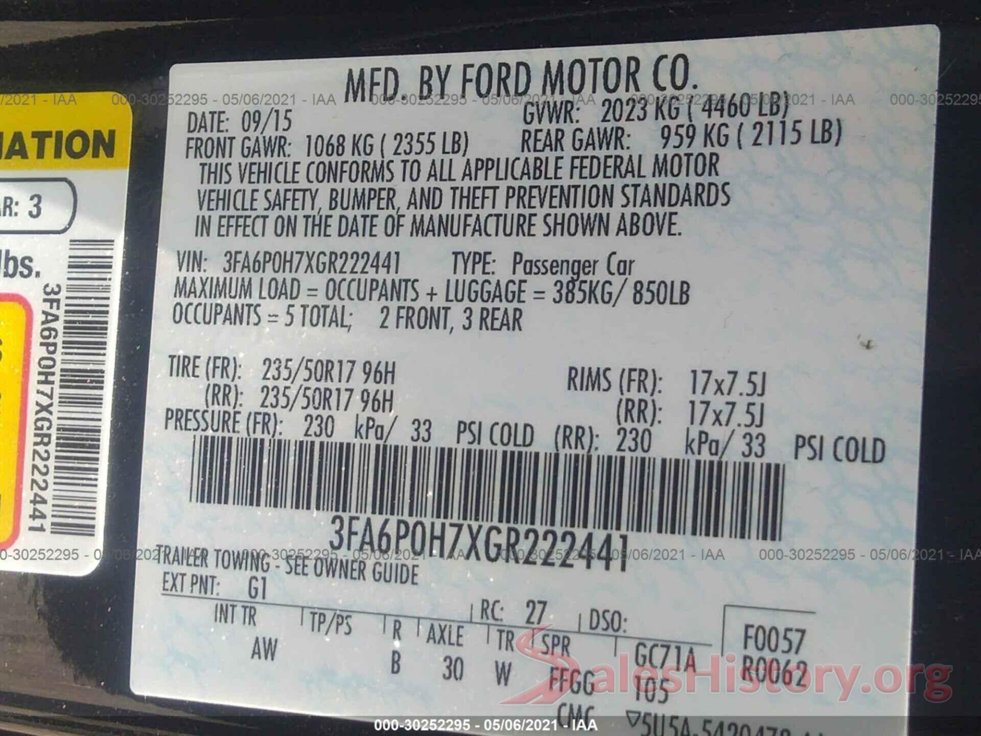 3FA6P0H7XGR222441 2016 FORD FUSION