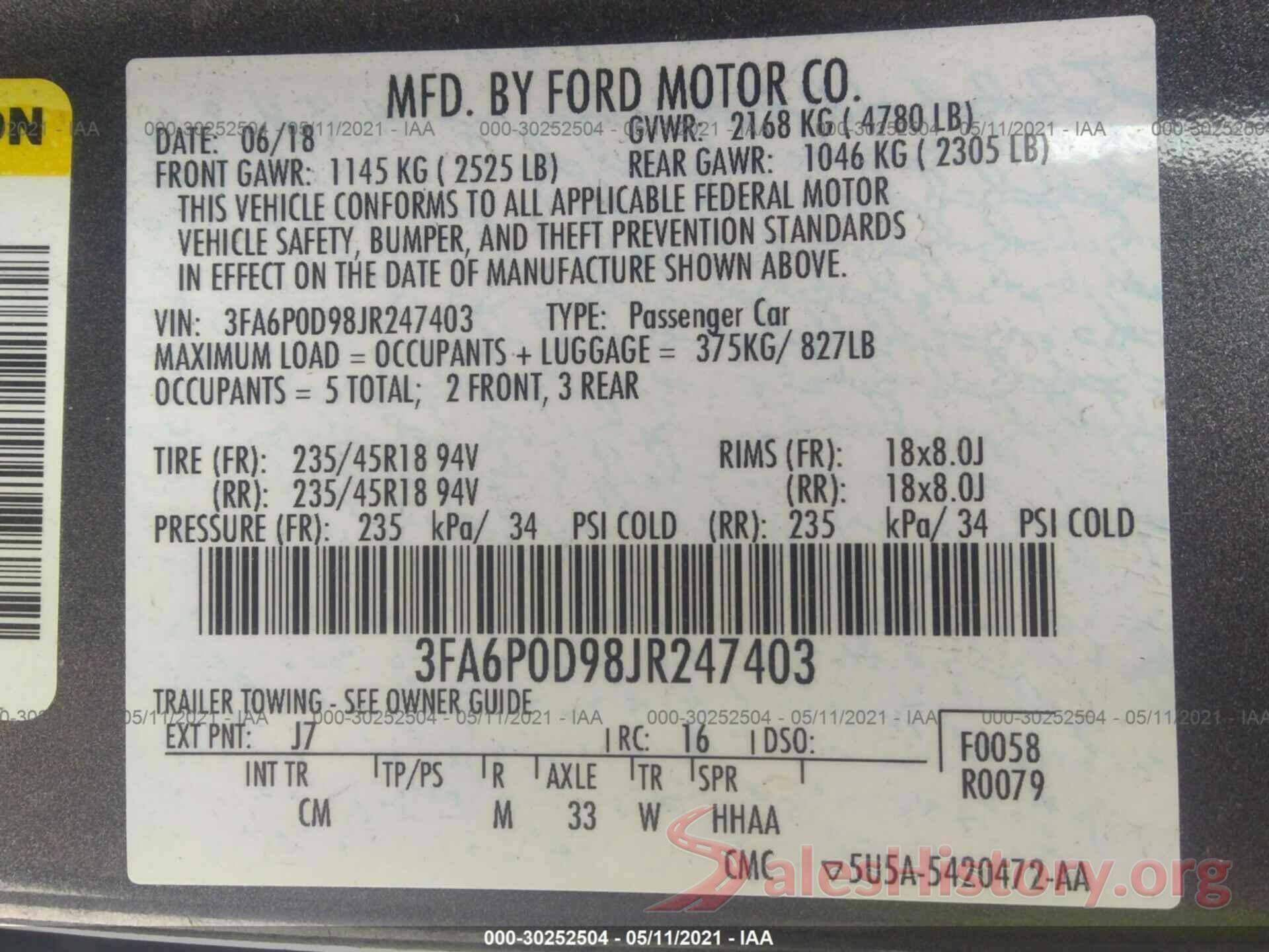 3FA6P0D98JR247403 2018 FORD FUSION