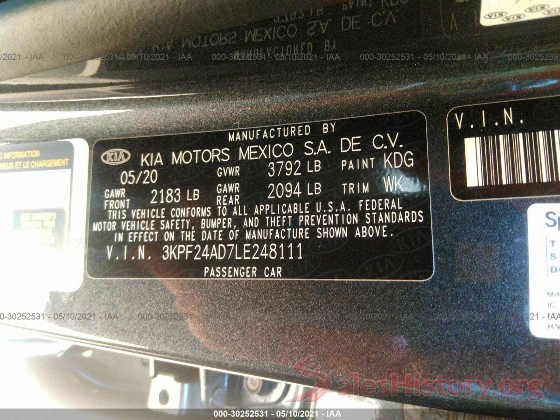 3KPF24AD7LE248111 2020 KIA FORTE