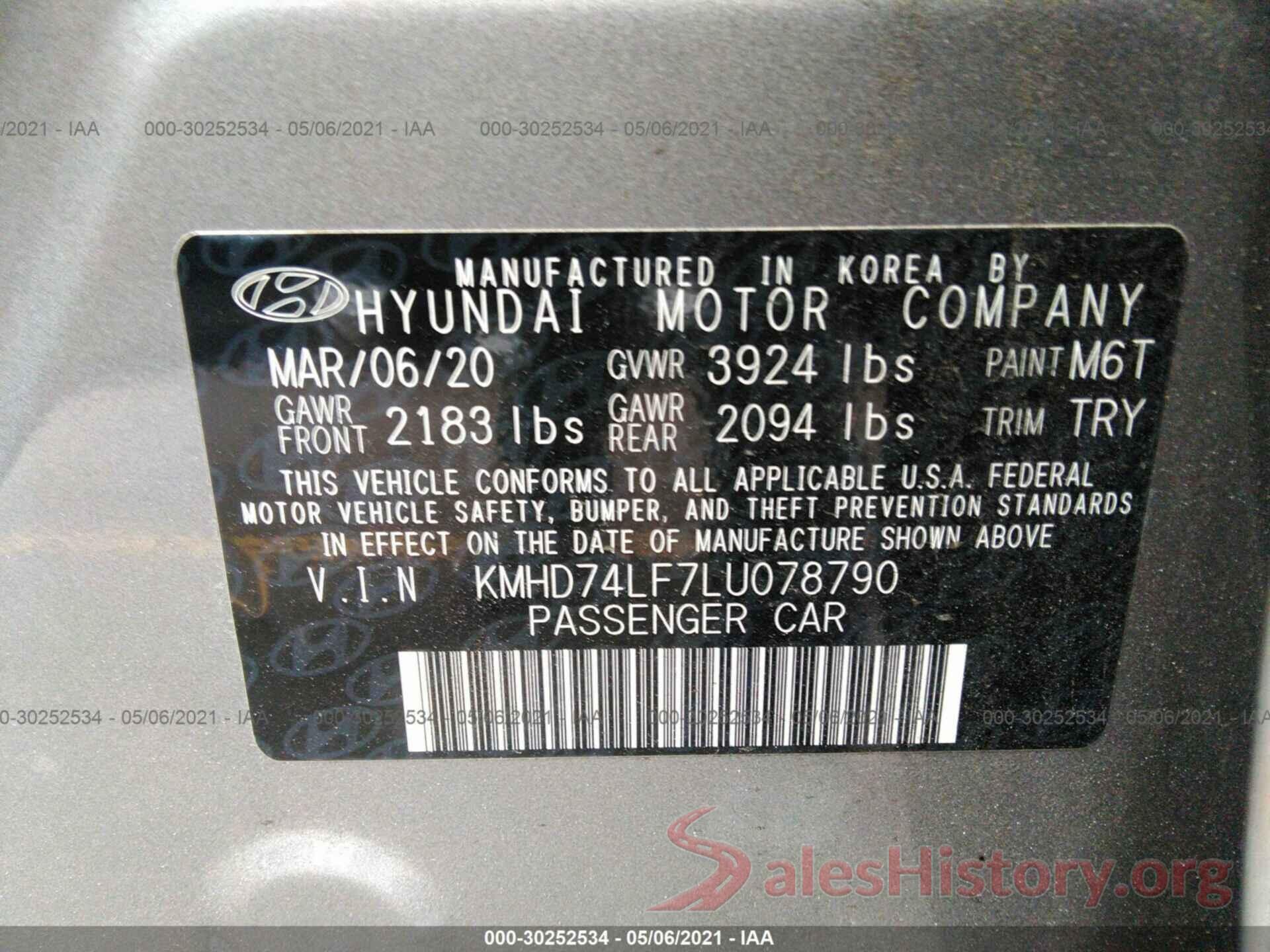 KMHD74LF7LU078790 2020 HYUNDAI ELANTRA