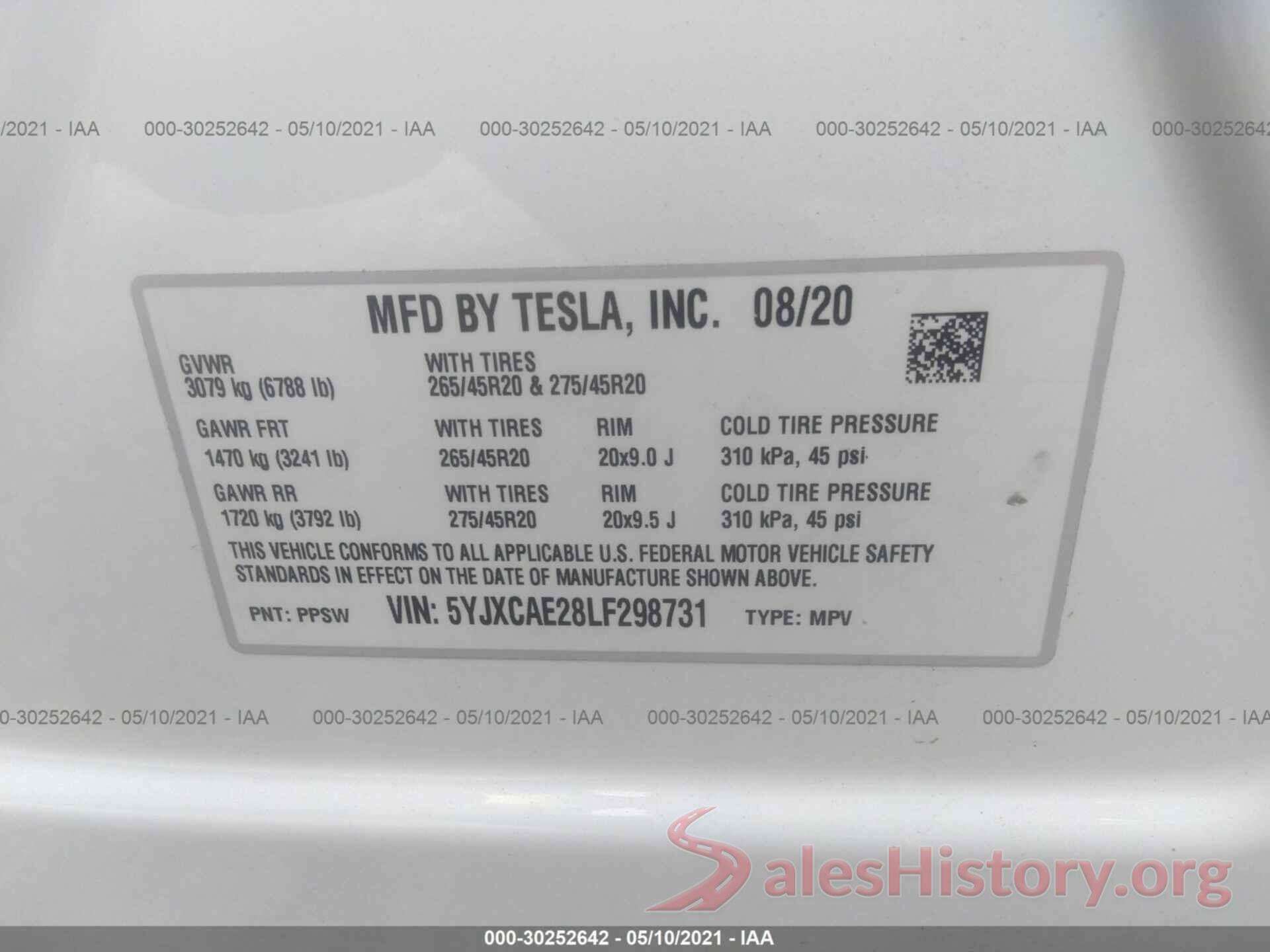 5YJXCAE28LF298731 2020 TESLA MODEL X