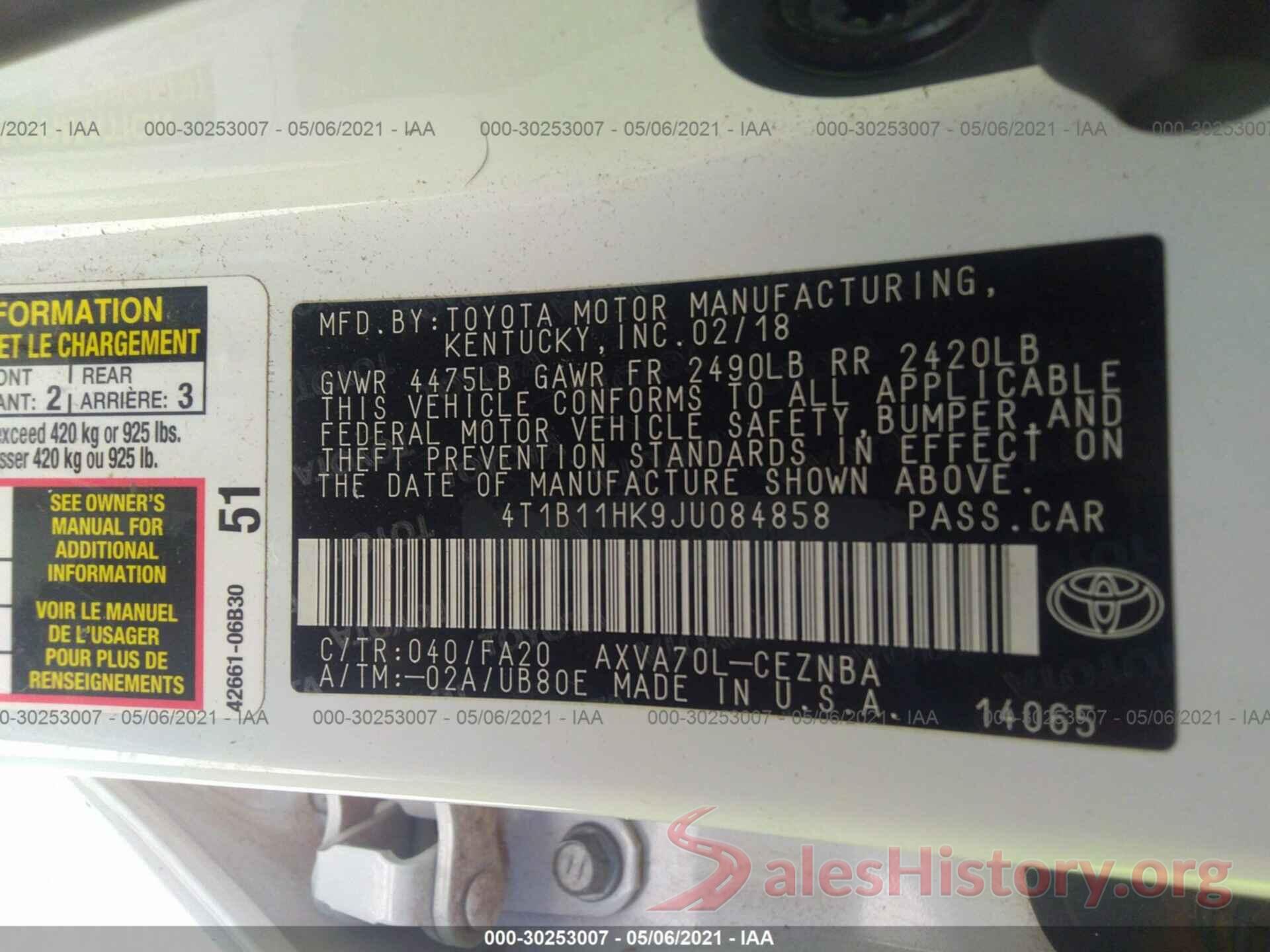 4T1B11HK9JU084858 2018 TOYOTA CAMRY