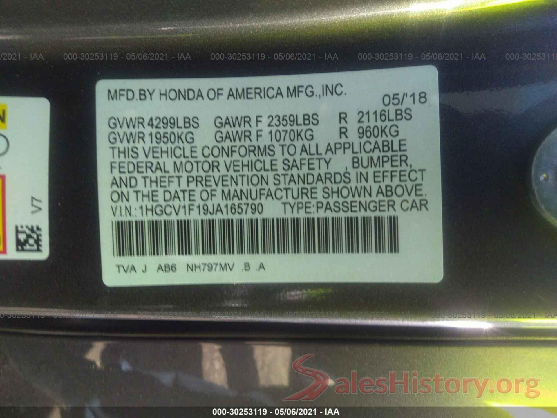 1HGCV1F19JA165790 2018 HONDA ACCORD SEDAN