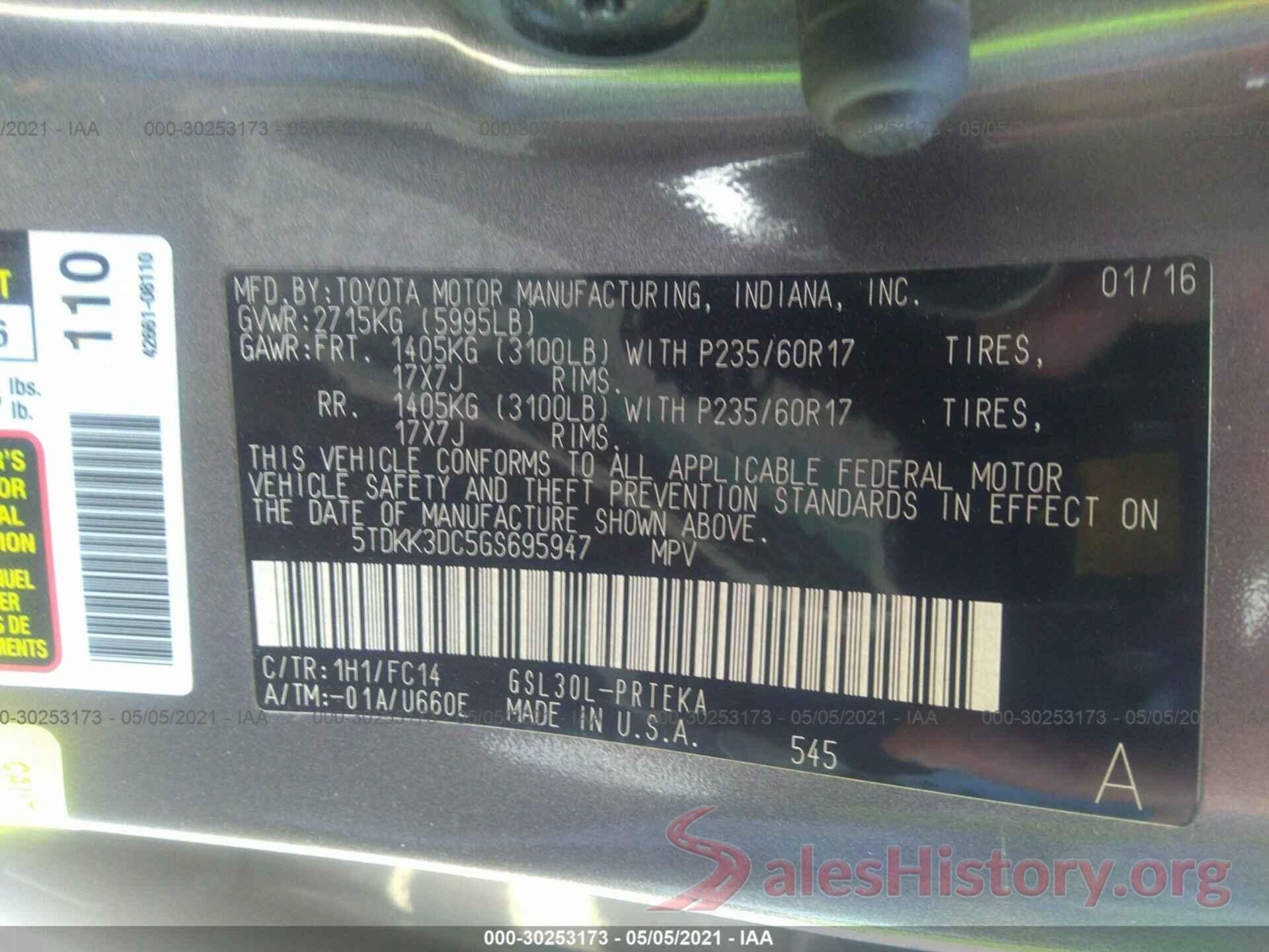 5TDKK3DC5GS695947 2016 TOYOTA SIENNA