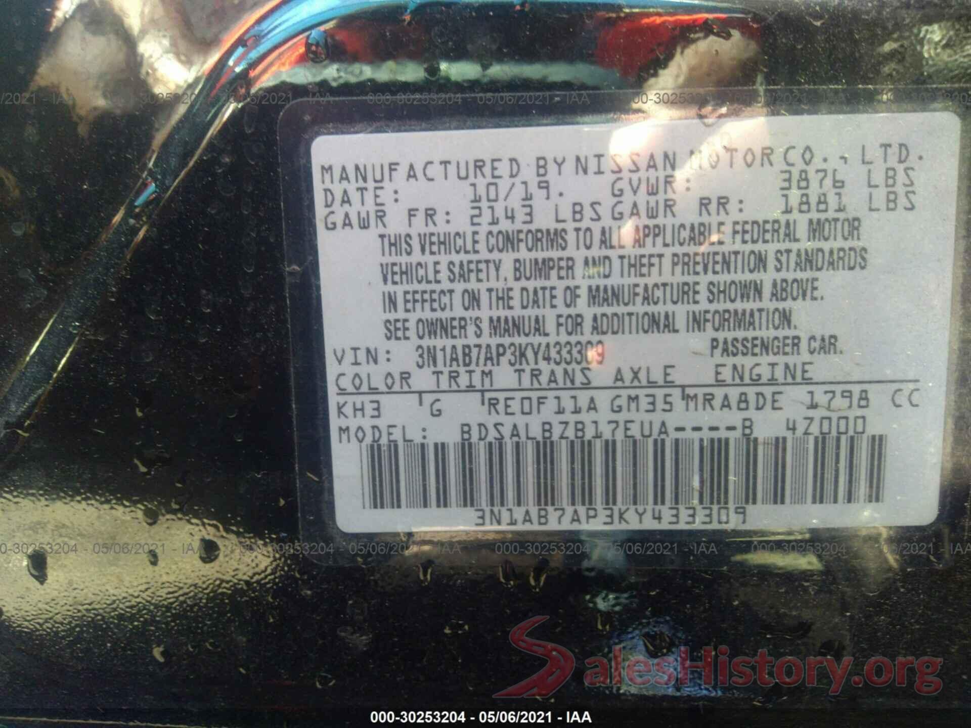 3N1AB7AP3KY433309 2019 NISSAN SENTRA