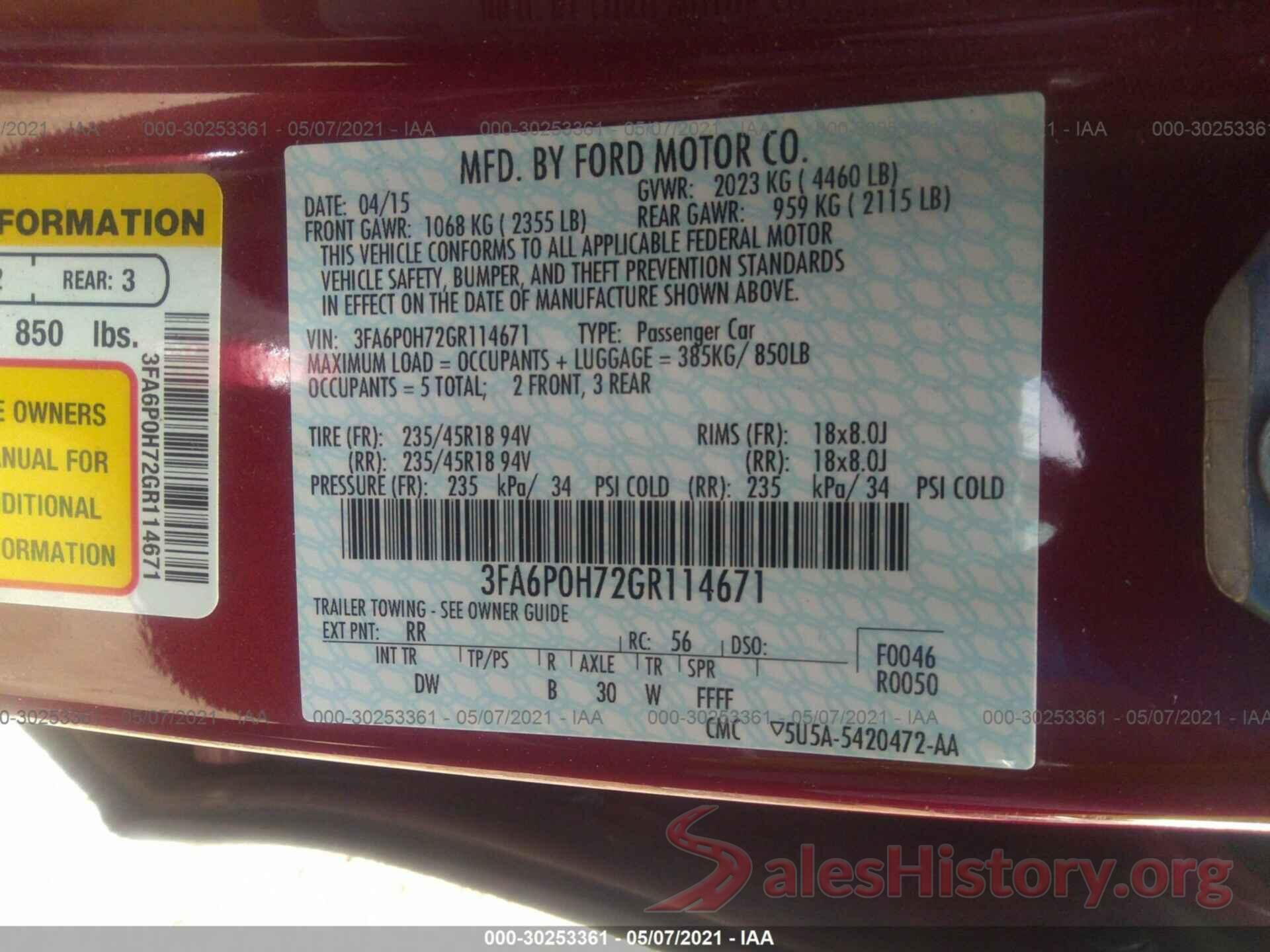 3FA6P0H72GR114671 2016 FORD FUSION