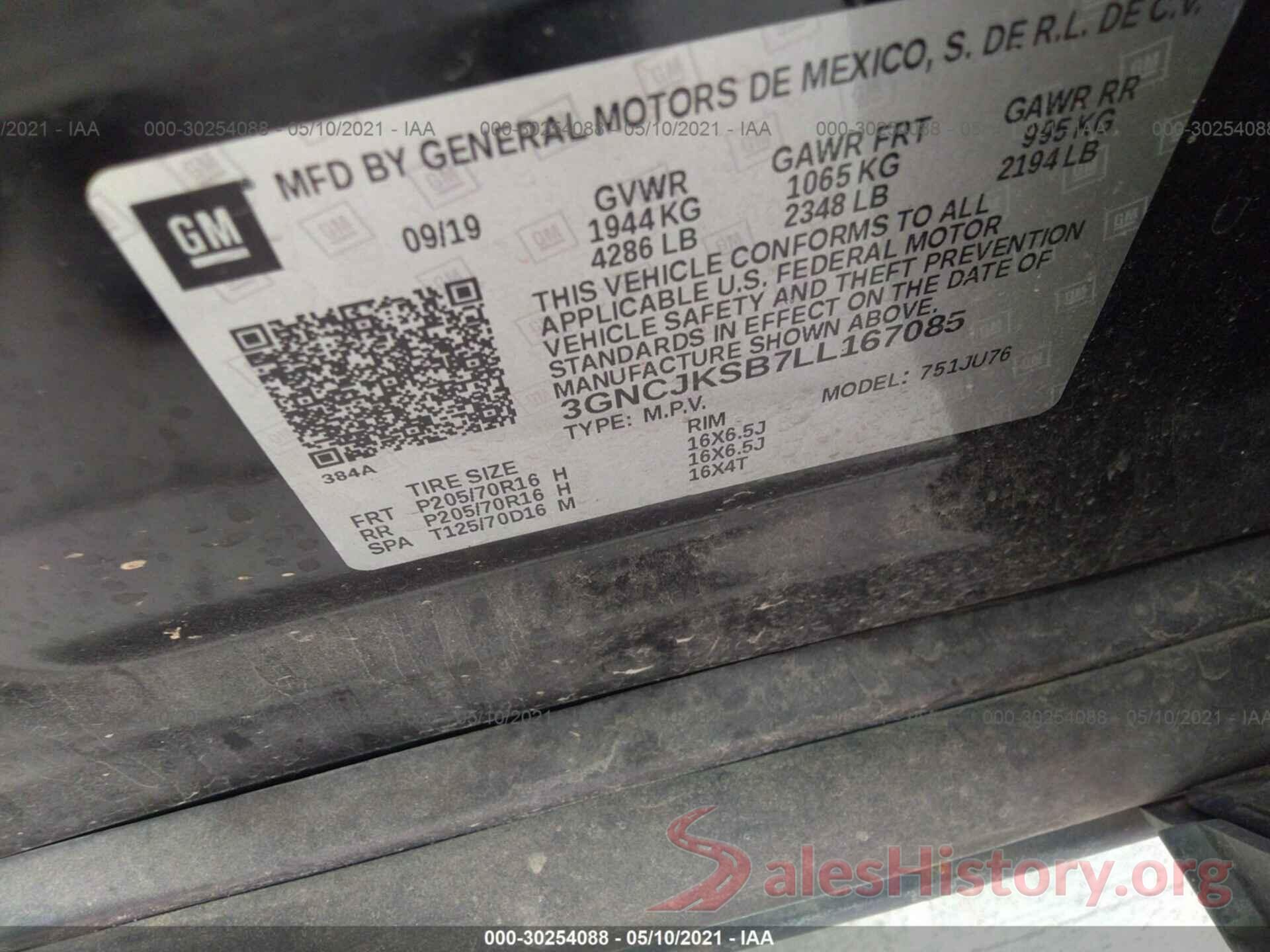 3GNCJKSB7LL167085 2020 CHEVROLET TRAX